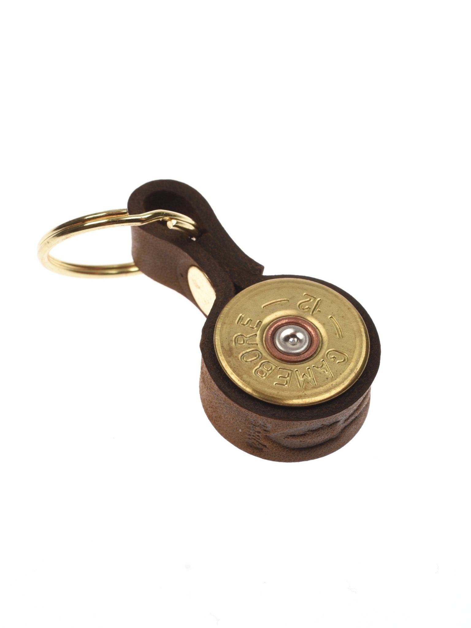The Cartridge Keyring by Campbell’s of Beauly features a spent brass-based shotgun shell and brown leather strap with a gold keyring—an ideal country sport gift, shown on a white background.