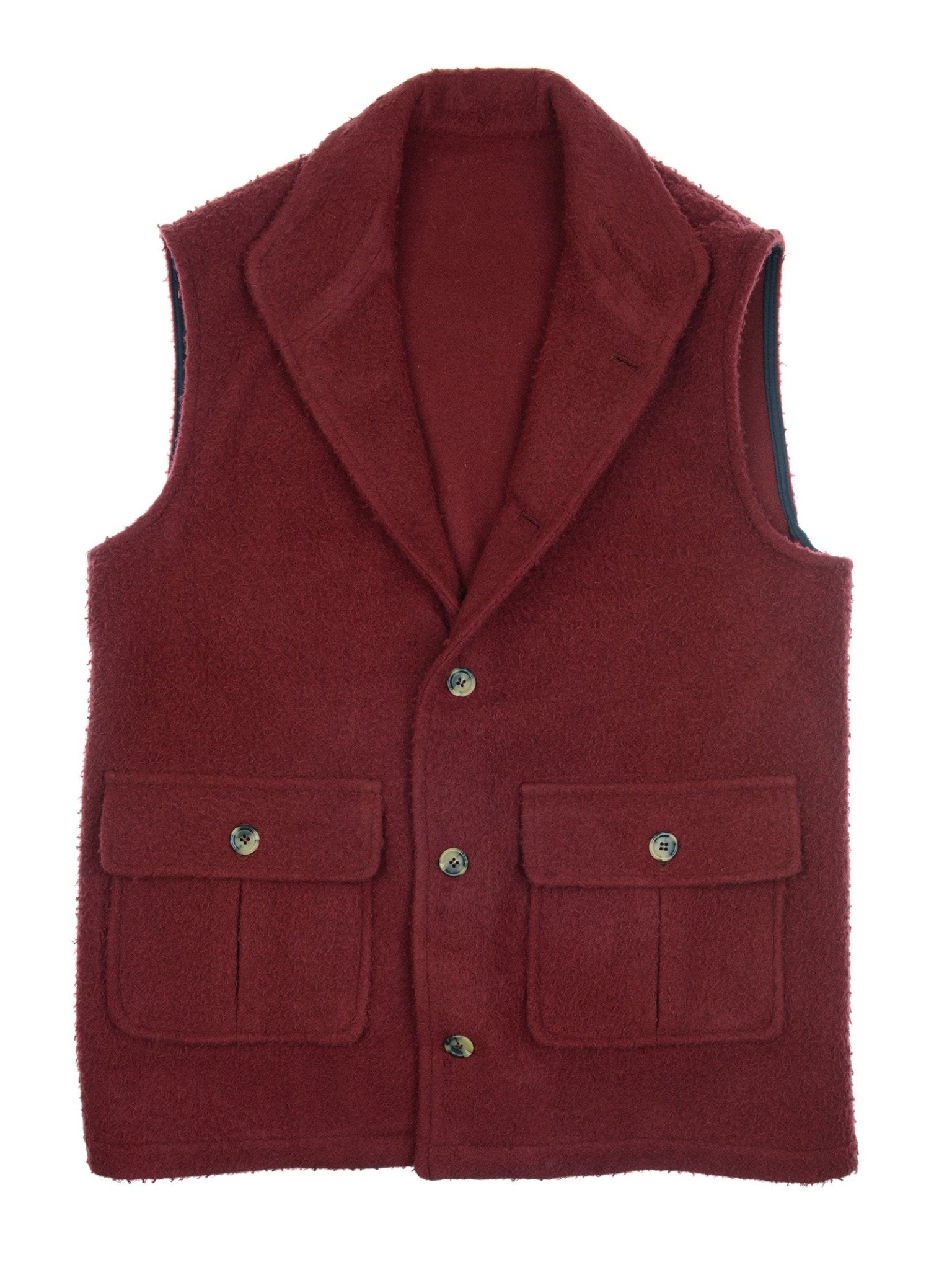 The Casentino Fleece Gilet by Campbell's of Beauly is a sleeveless maroon heritage wool vest featuring a notched collar, three front buttons, and two buttoned flap pockets.