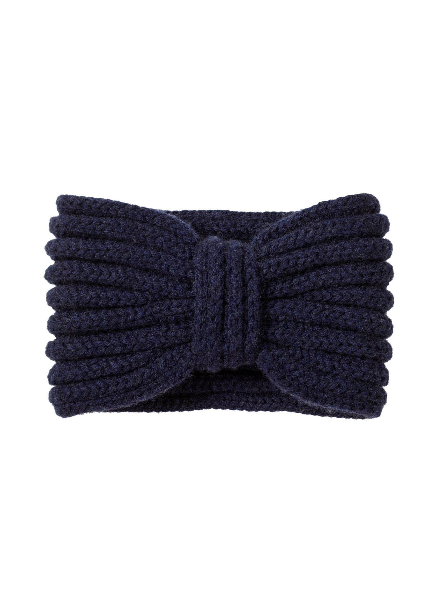 The Campbell's of Beauly Cashmere Ear Warmer in navy features a ribbed knit texture and a large bow at the front, making it an ideal winter accessory.