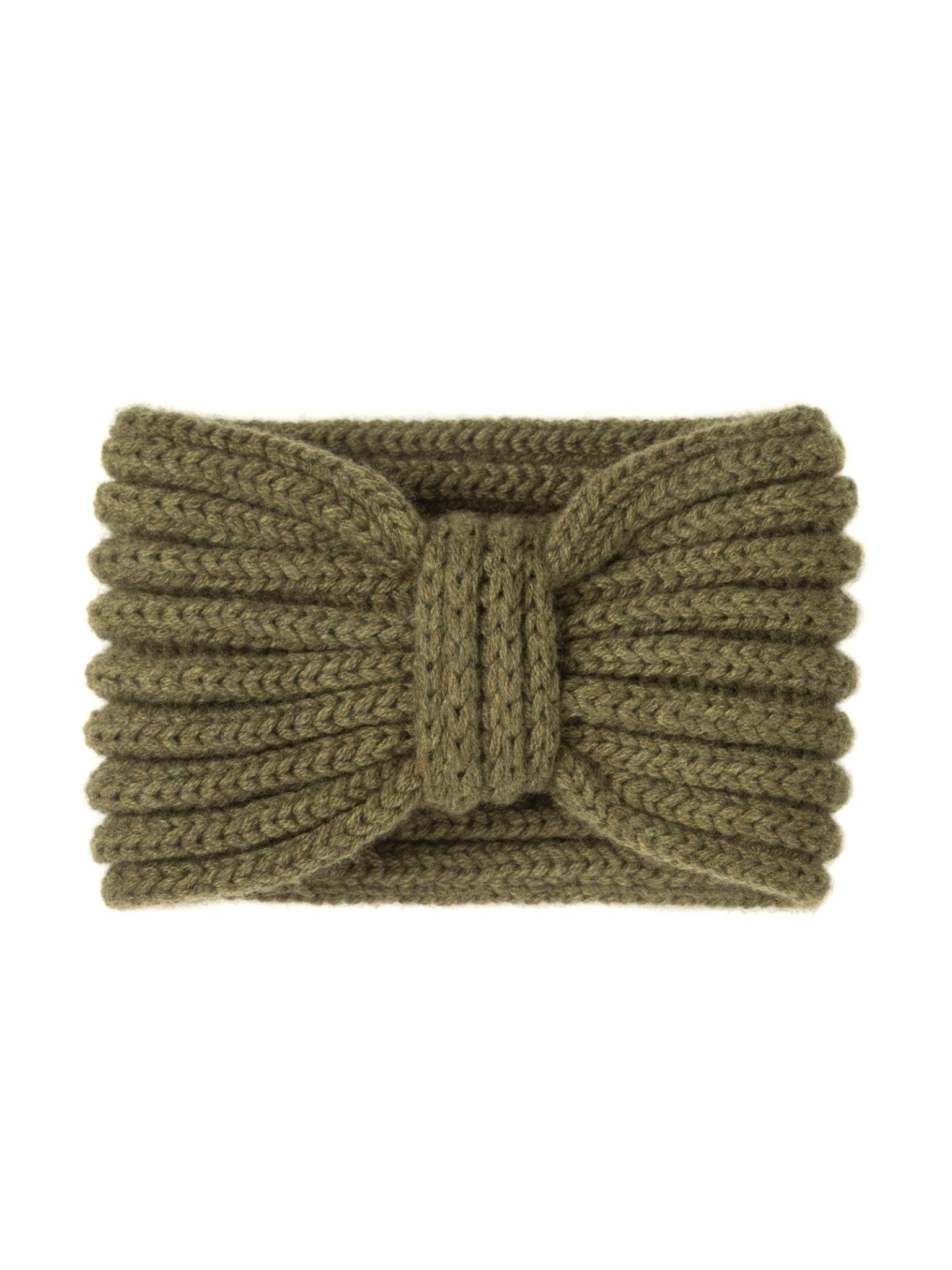 Campbell's of Beauly Cashmere Ear Warmer in olive features a ribbed knit texture and front bow knot, shown on a white background—a chic winter accessory for cozy warmth.