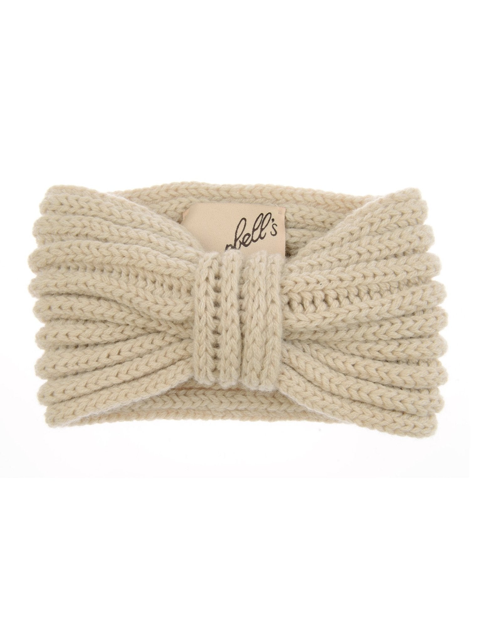 The Campbell's of Beauly Cashmere Ear Warmer in natural features a knitted design with a large front bow and a small inner tag, shown against a white background.
