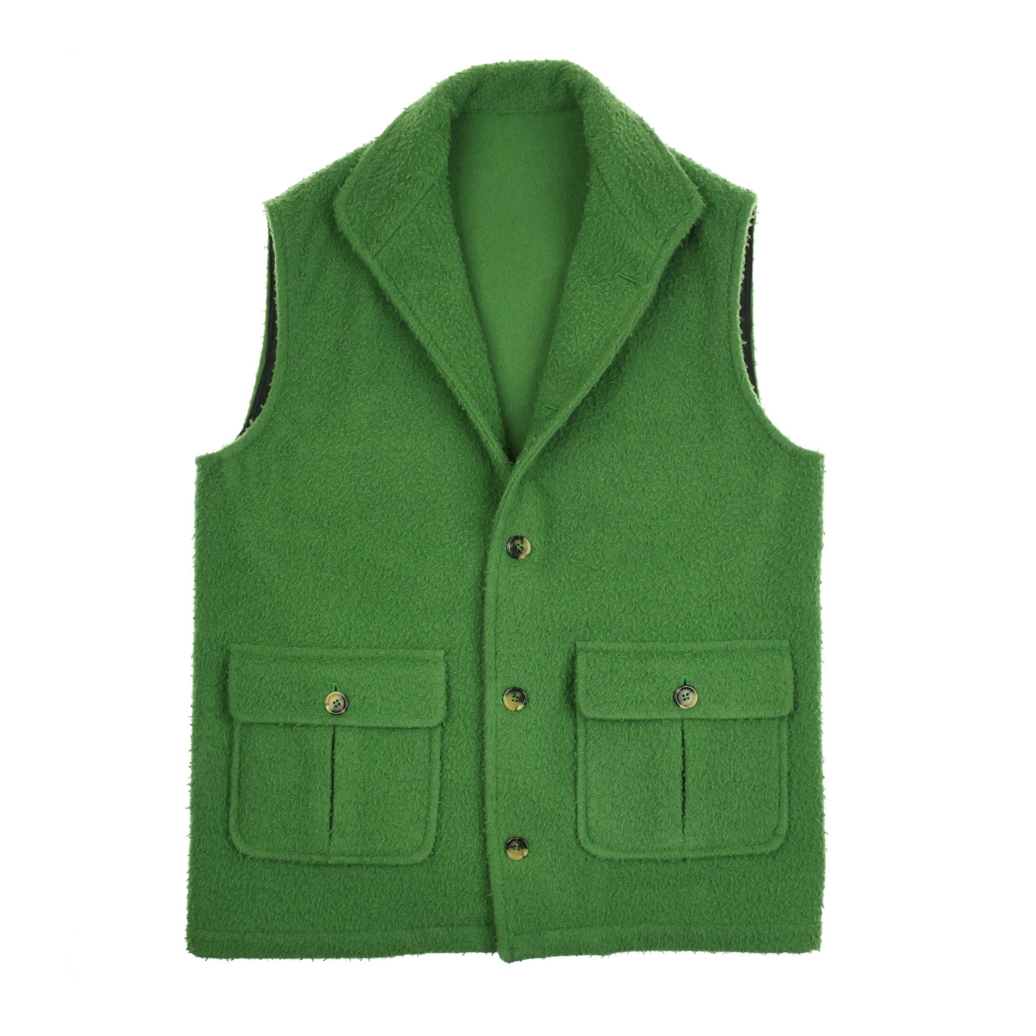 The Auld Stock Casentino Fleece Gilet by Campbell's of Beauly is a green sleeveless vest featuring a notched collar, button front closure, and two large front flap pockets.
