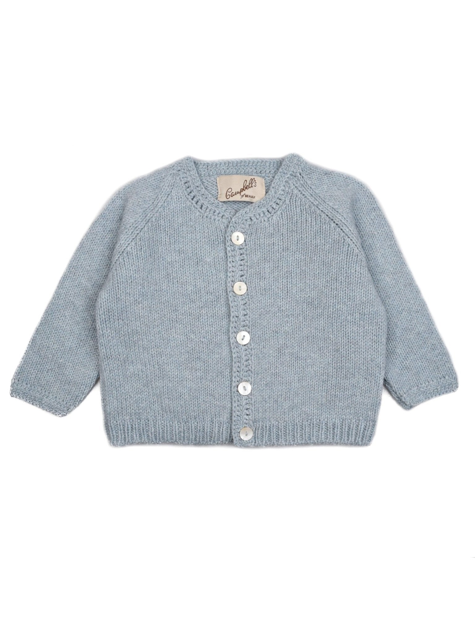 Campbell’s of Beauly Baby Lambswool Cardigan in light blue, hand-knitted with long sleeves and four white buttons down the front, features a traditional silhouette and is displayed flat on a white background.