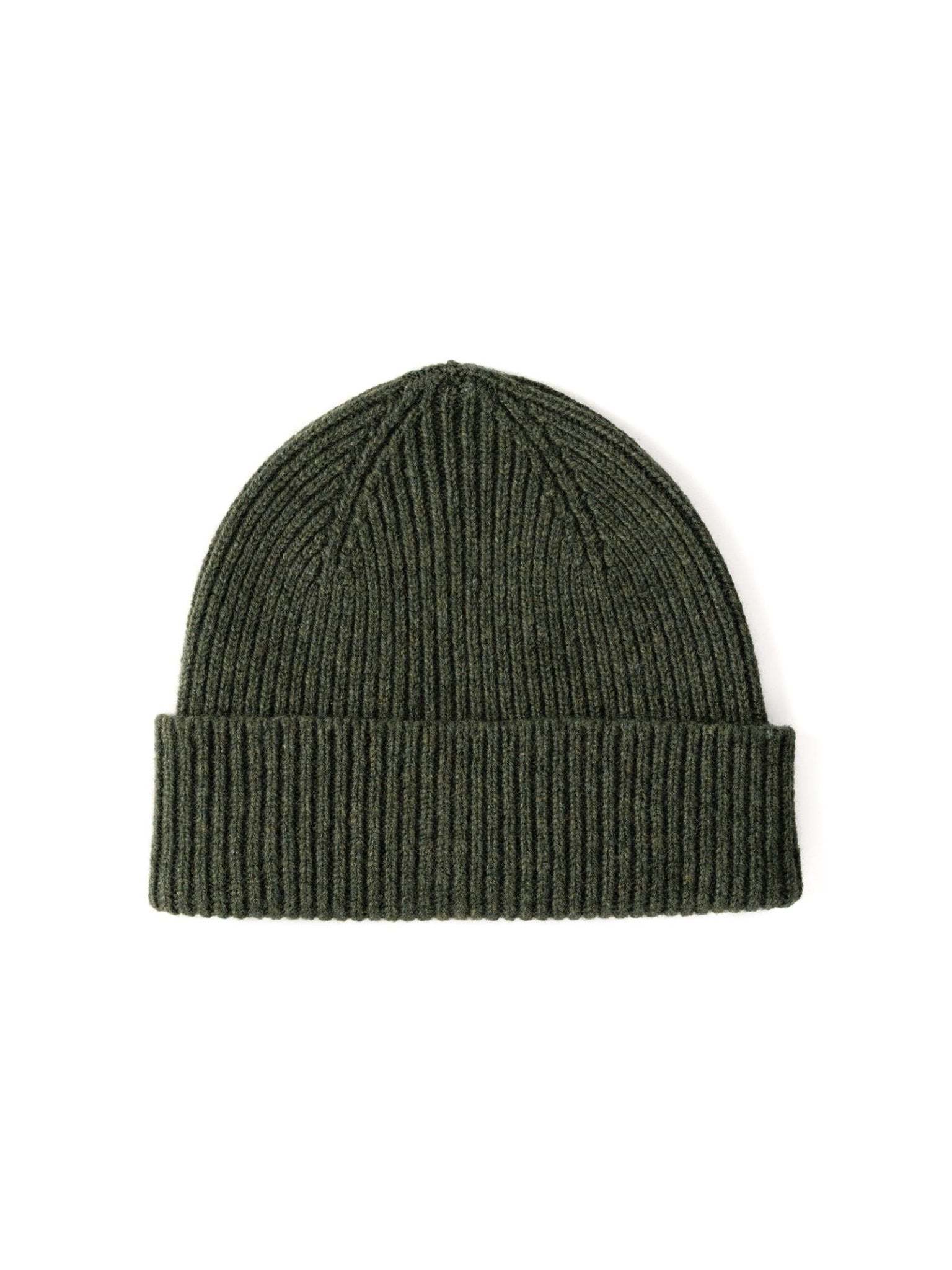 The Campbells of Beauly Lambswool Rib Hat in Rosemary is a dark green ribbed knit beanie with a folded cuff, inspired by classic Scottish Borders styles—an essential winter accessory, shown on a white background.