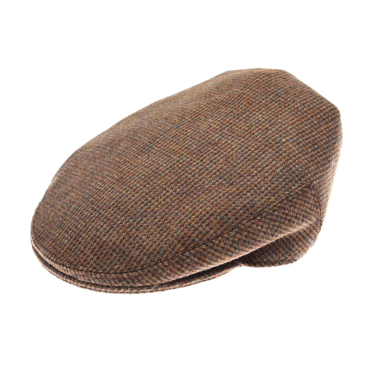 A Campbell’s of Beauly Conon Cap in brown melange, featuring a subtle checkered tweed pattern, is shown resting on a plain white background.