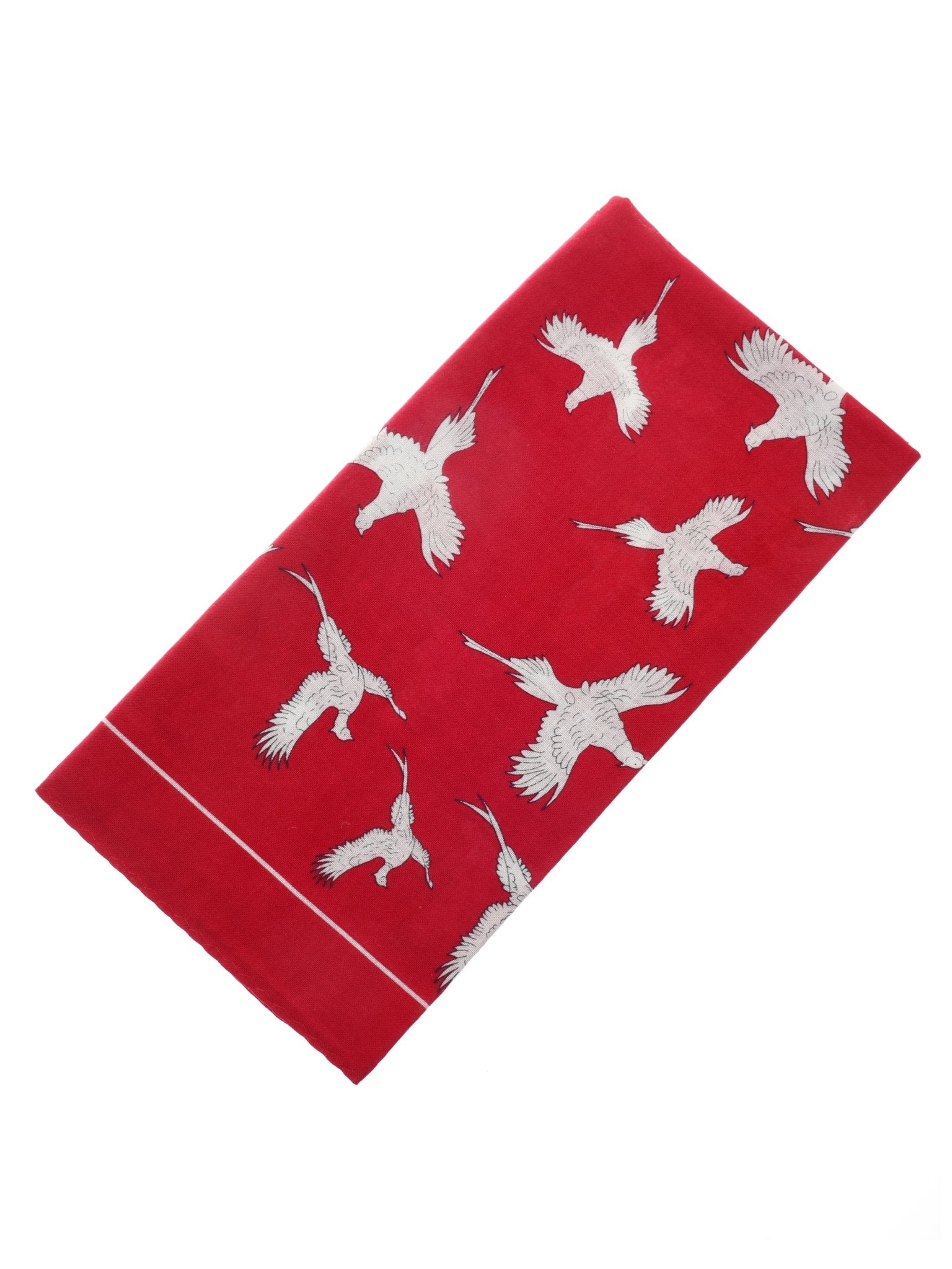 The Campbells of Beauly Cotton Pheasant Hank in scarlet features a striking pheasant print on soft cotton, displayed on a white background—an elegant country accessory to enhance any outfit.