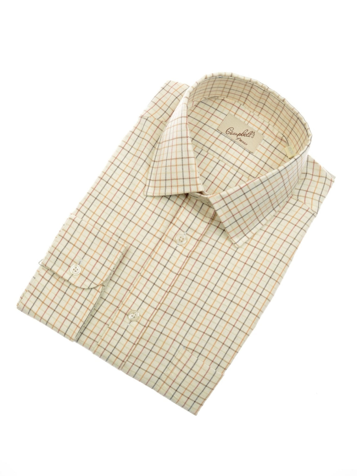 A neatly folded, long-sleeve Campbell’s of Beauly Windowpane Shirt with a classic collar and a cream base featuring a check pattern in red and mustard. Crafted from soft brushed cotton, this country shirt combines timeless style with all-day comfort.