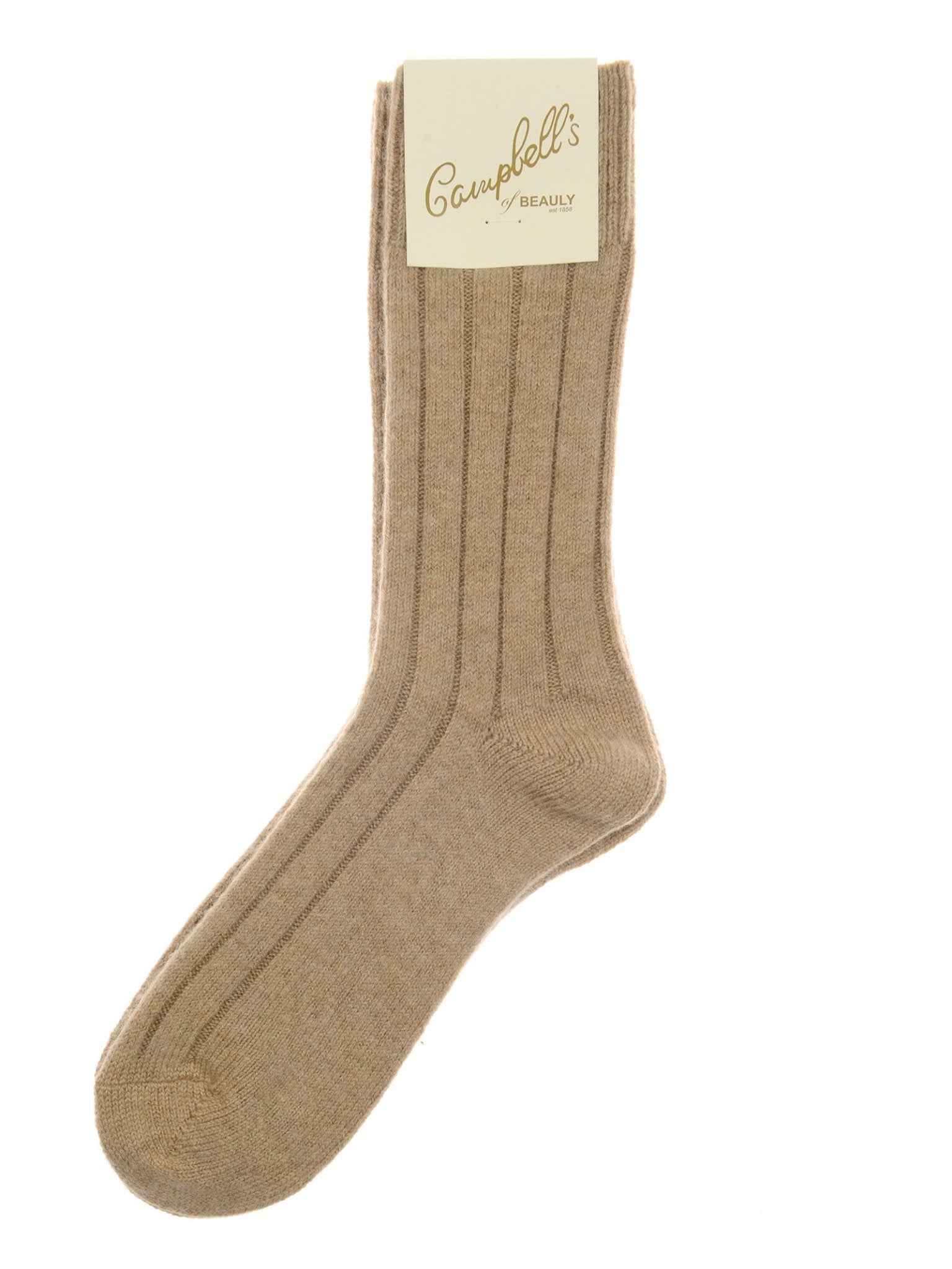 A single taupe Rib Cashmere Sock from Campbell's of Beauly, featuring a branded label at the top, is shown against a plain white background.