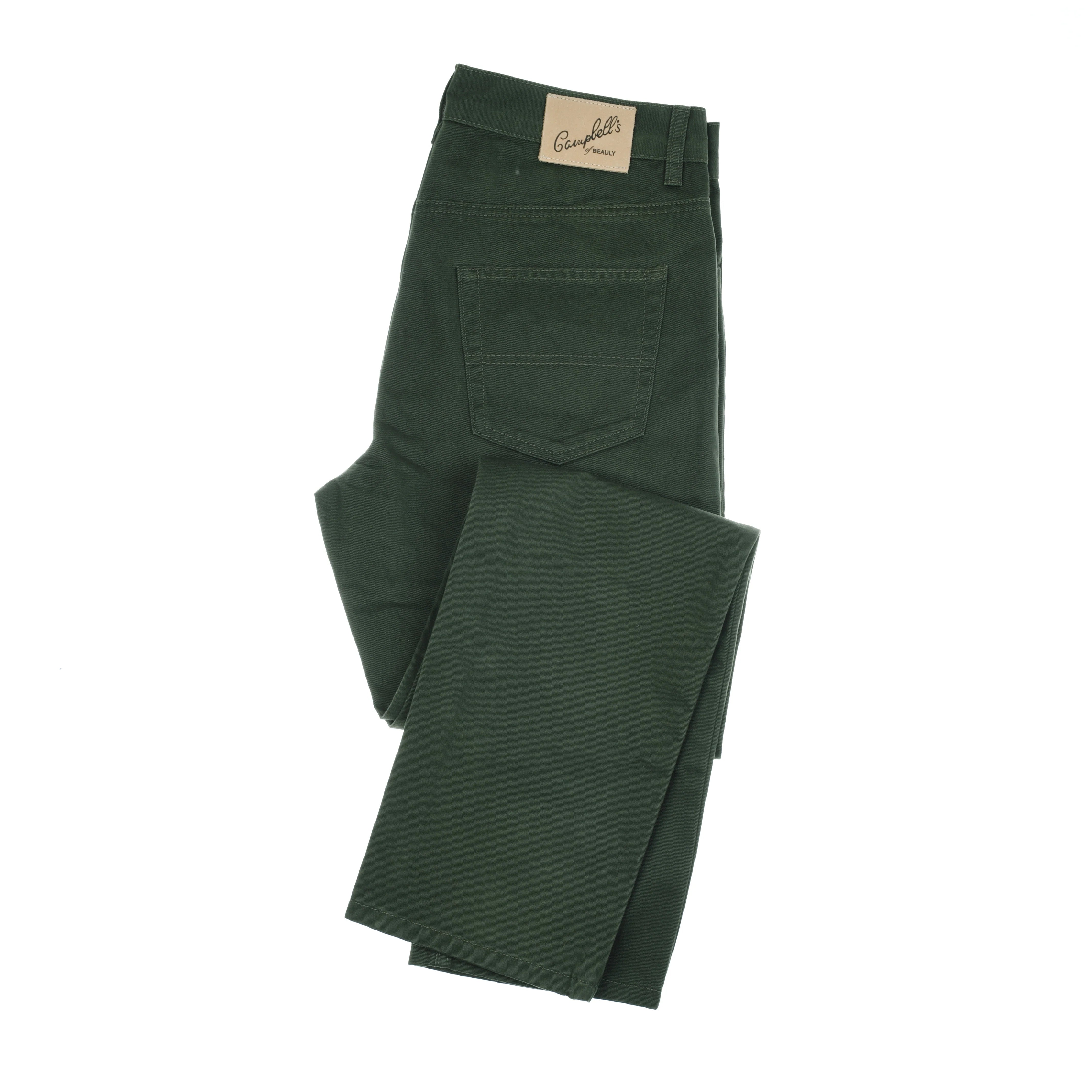 Forest Moss Colour Cotton Jeans by Campbell's of Beauly, straight leg style, neatly folded to show a back pocket and tan label on the waistband, displayed against a white background.