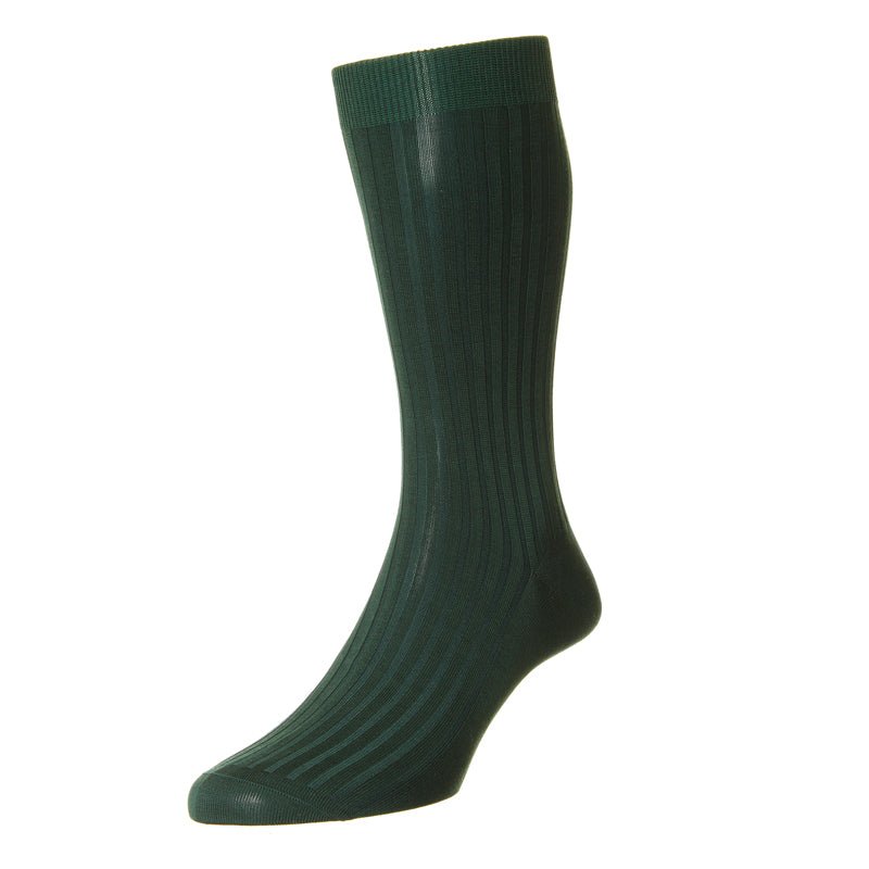 A single Cotton Sock by Campbells of Beauly is shown upright in dark green against a white background, crafted from breathable cotton for comfort.