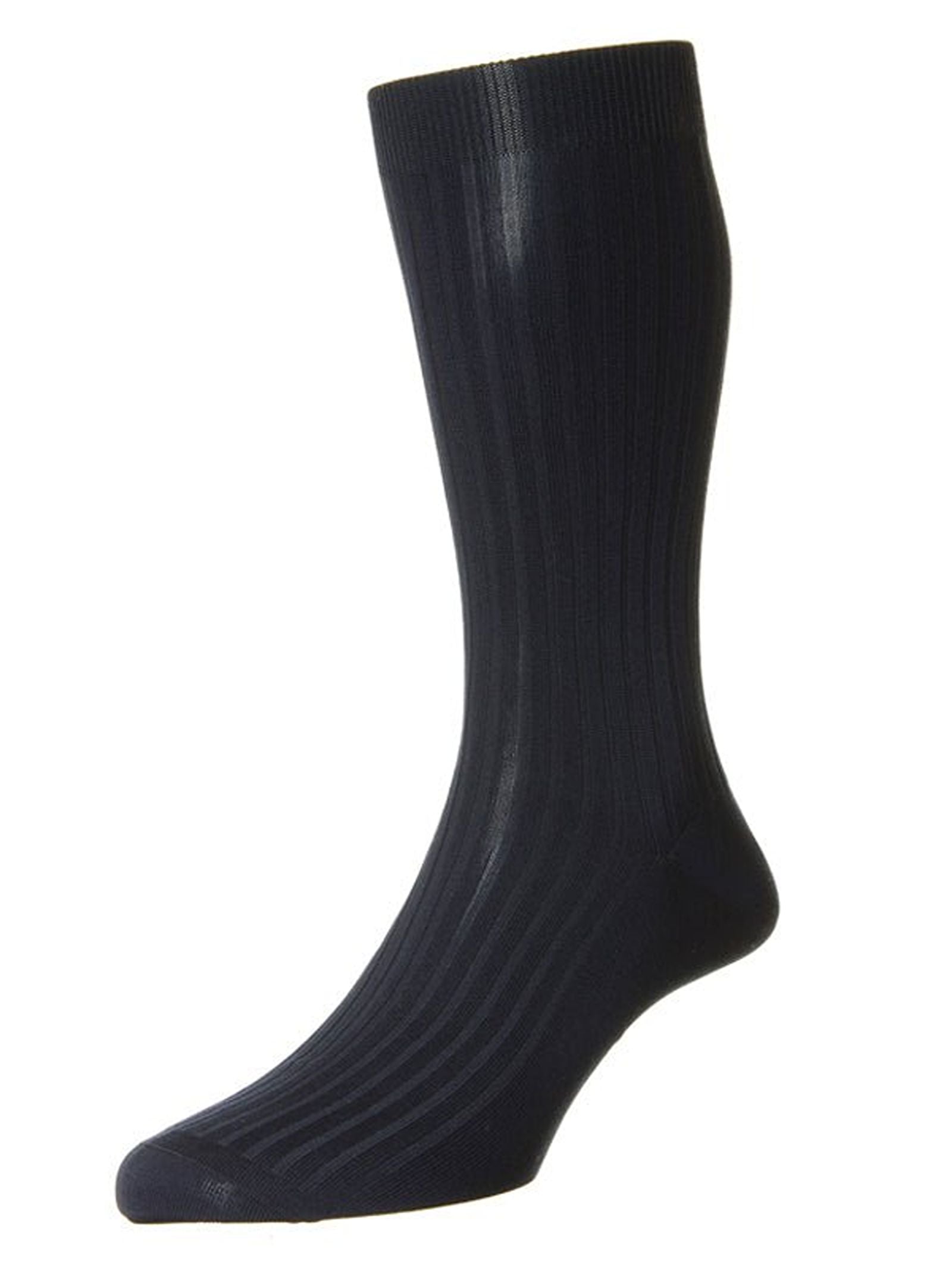 A single black Fine Cotton Sock by Campbell's of Beauly, crafted from luxurious Egyptian cotton with a ribbed formal design, is displayed on a white background.