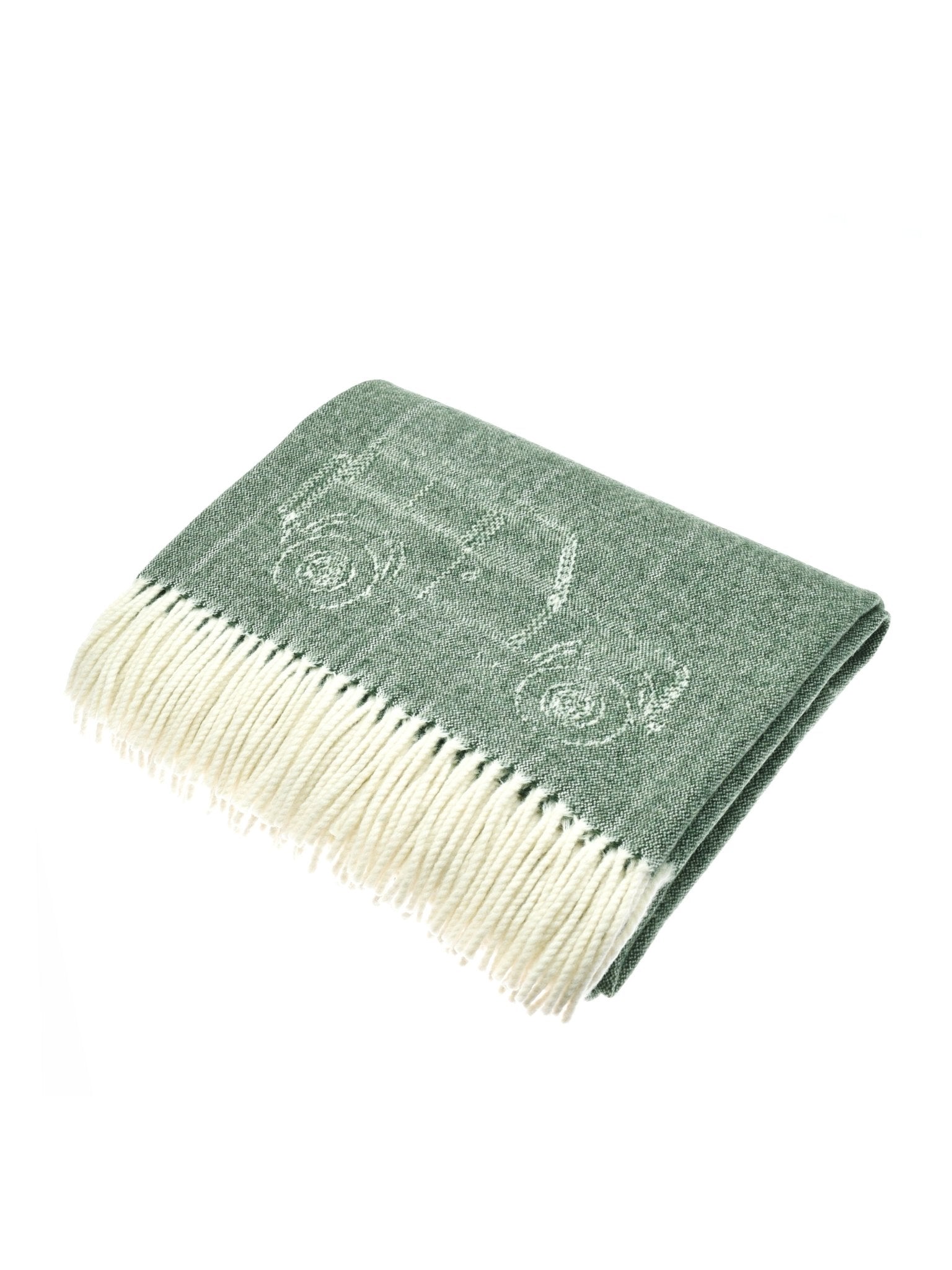 The Campbells of Beauly Land Rover Defender Jacquard Throw is a folded green wool blanket with white fringe, featuring a subtle car outline—ideal as a stylish accessory for any Defender enthusiast.