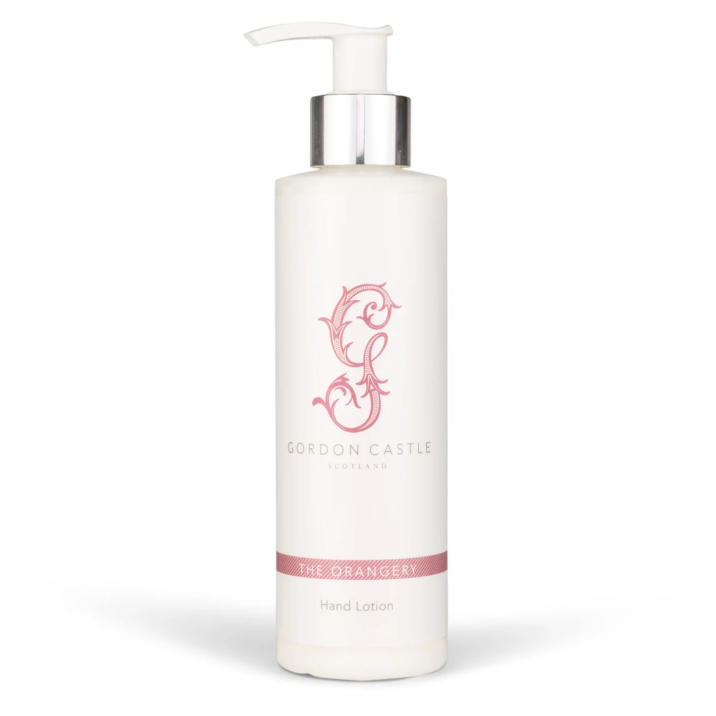 A white pump bottle labeled Gordon Castle Orangery Hand Lotion features pink accents and contains a citrus-scented organic lotion made with sweet orange and mandarin essential oils.