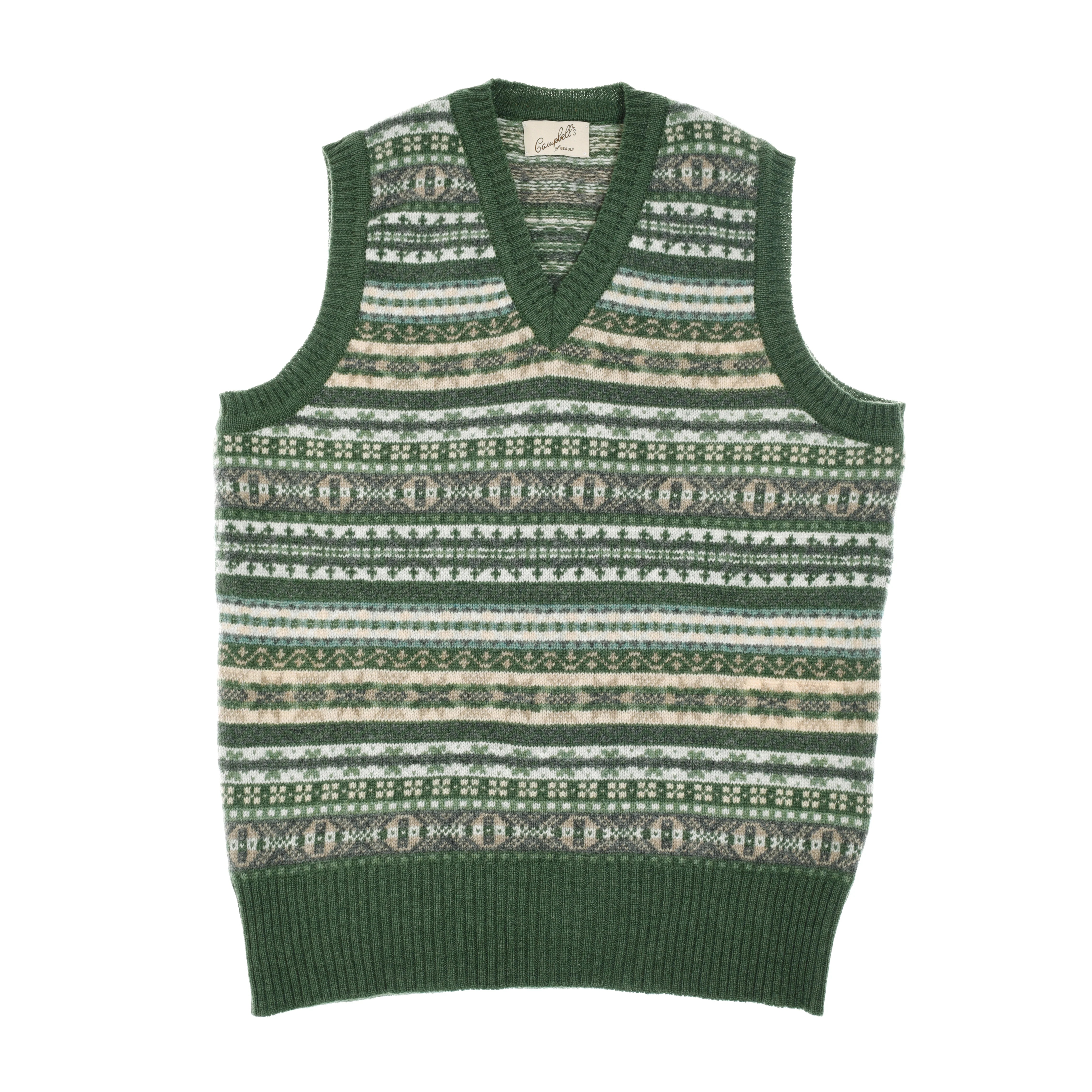 The Campbell's of Beauly Cashmere V-Neck Fairisle Slipover is a green knitted sleeveless sweater vest with beige, white, and gray horizontal patterns, crafted in a classic cashmere style.