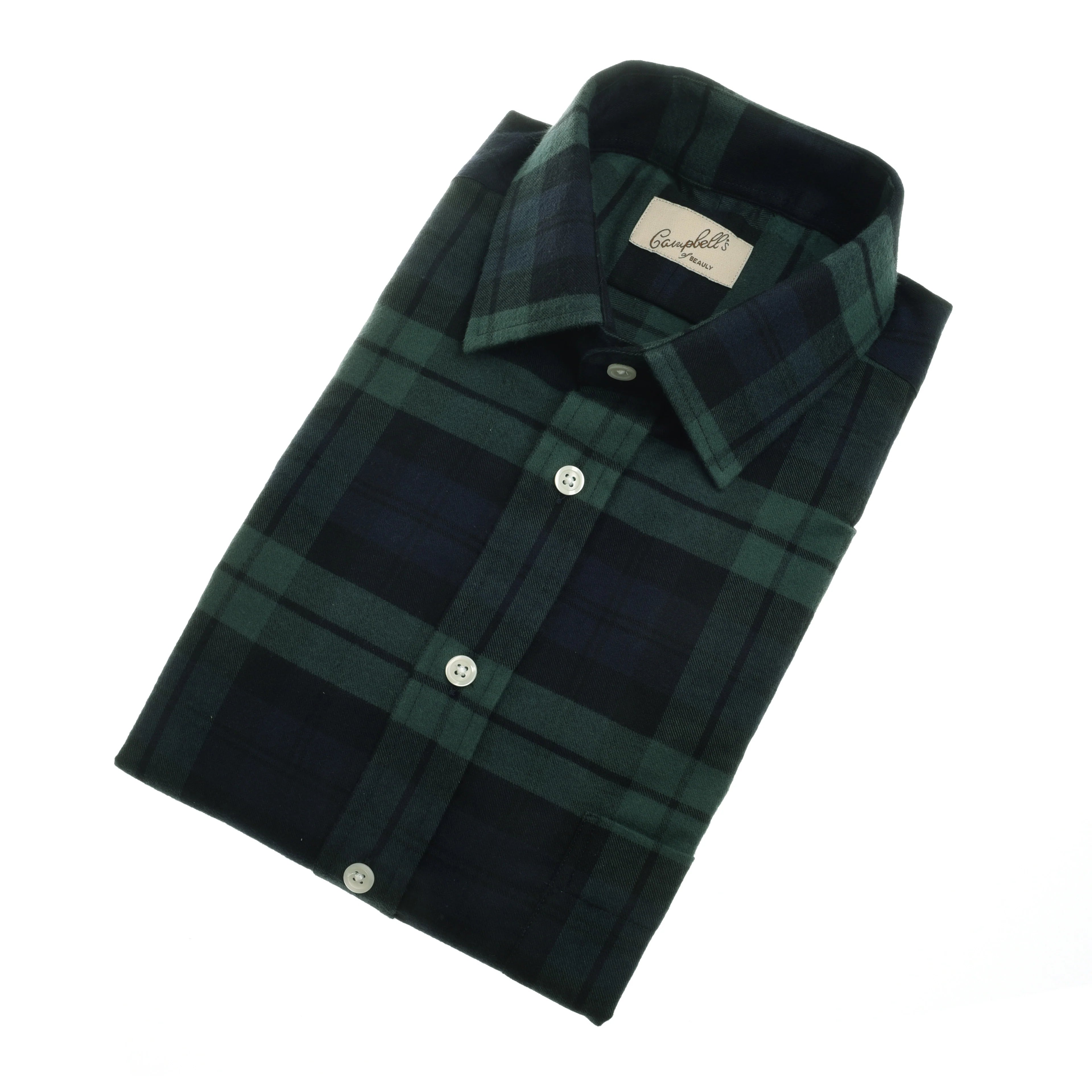 The Campbell's of Beauly Tartan Shirt, a soft brushed cotton long-sleeve in dark green and black with white buttons, is shown folded against a plain white background.