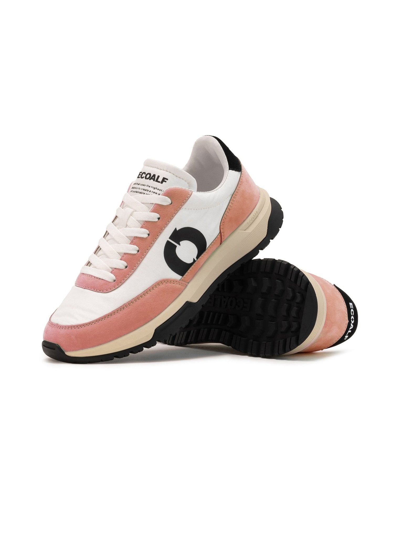 The Ventura Trainers by ECOALF are white and light pink sneakers with black soles, featuring the ECOALF logo in black. Made from vegan suede and recycled polyester, one shoe stands upright while the other shows off its tread pattern.