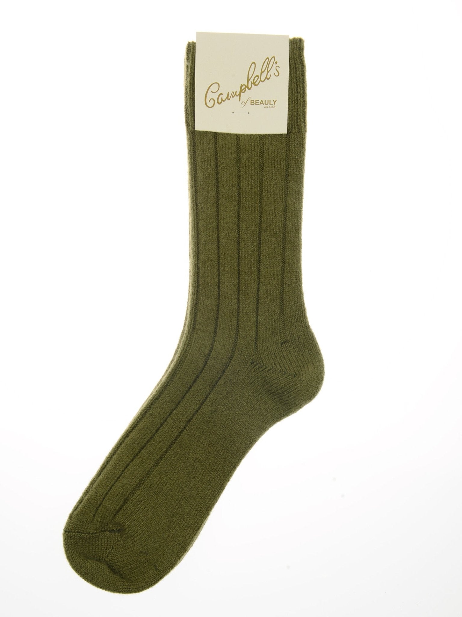 A single Campbell's of Beauly Rib Cashmere Sock in Military Green is shown with its brand label at the top, set against a white background.