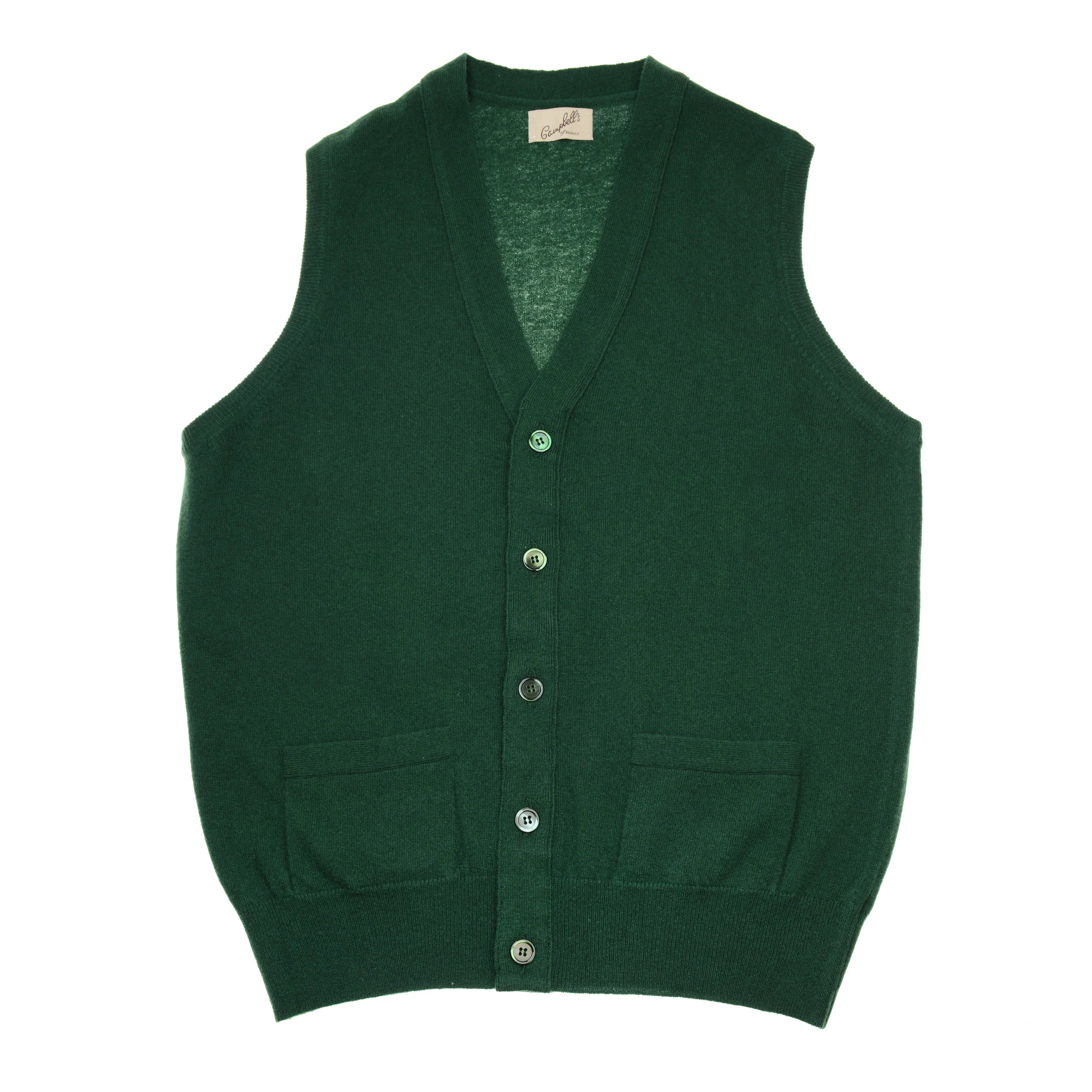 The Geelong Lambswool Button Waistcoat by Campbell's of Beauly features a sleeveless, hedgerow green design with two front pockets and a V-neck collar—crafted from soft Geelong lambswool, perfect for any country wardrobe.