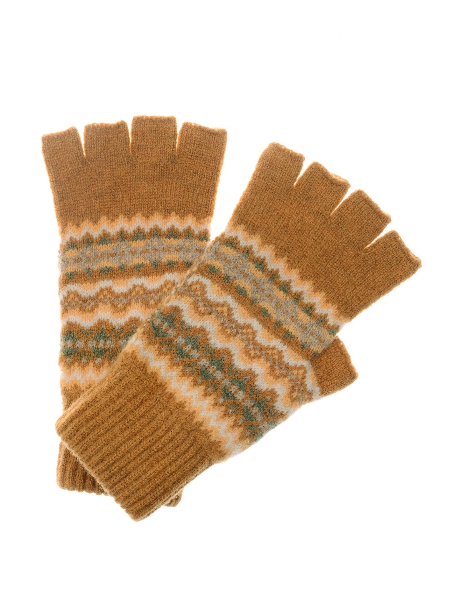 Lambswool Fairisle Half Finger Gloves by Campbell's of Beauly—brown with white, green, and orange pattern and ribbed cuffs—showcasing classic Scottish knitwear style, displayed overlapping on a white background.