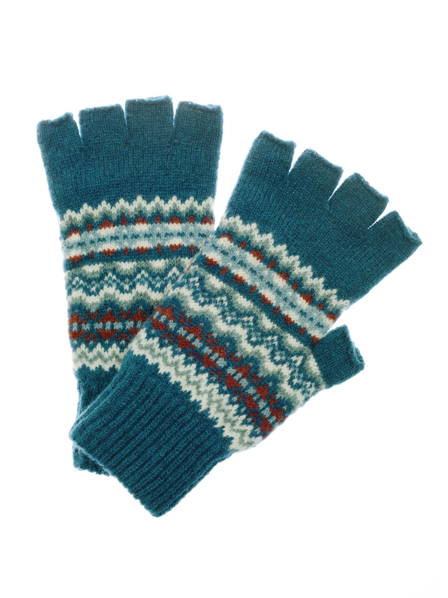 Campbell's of Beauly Lambswool Fairisle Half Finger Gloves in teal, featuring white, red, and gray patterns with ribbed cuffs—Scottish knitwear style shown overlapping on a white background.