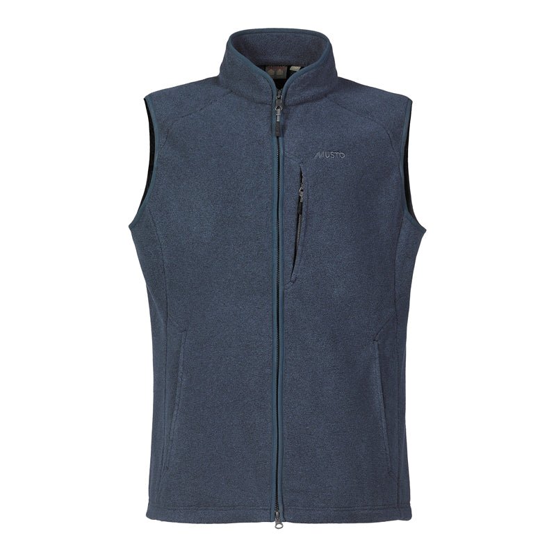 The Musto Fenland Polartec® Vest is a sleeveless navy blue fleece with a full front zip, high collar, zip chest pocket, and two side pockets. "MUSTO" is embroidered on the left chest—ideal for lightweight layering.