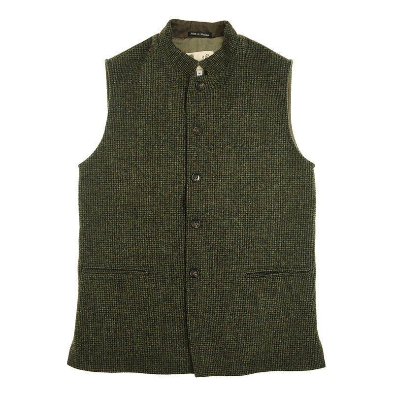 The Campbells of Beauly Tweed Nehru Gilet is a sleeveless, dark green vest with stand-up collar, button front, and two welt pockets—shown flat against a white background for versatile layering.