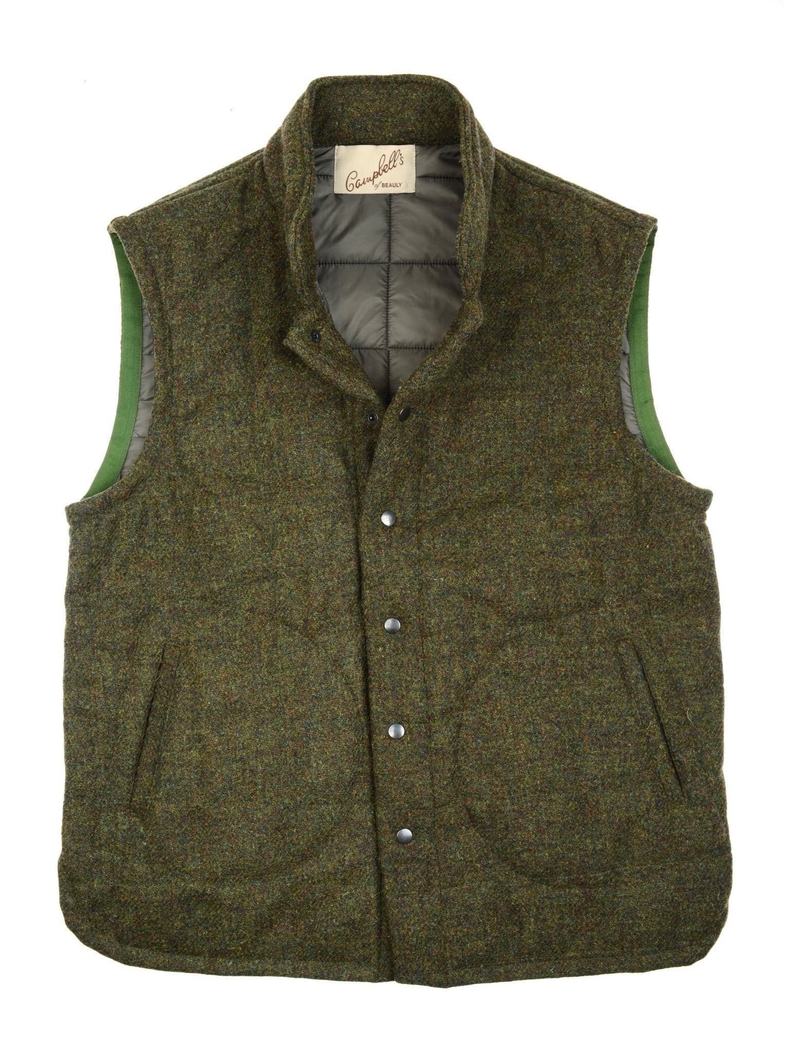 A Harris Tweed Quilted Gilet by Campbell's of Beauly in Forest features snap buttons, side pockets, a high collar, gray lining inside, and an interior collar label.
