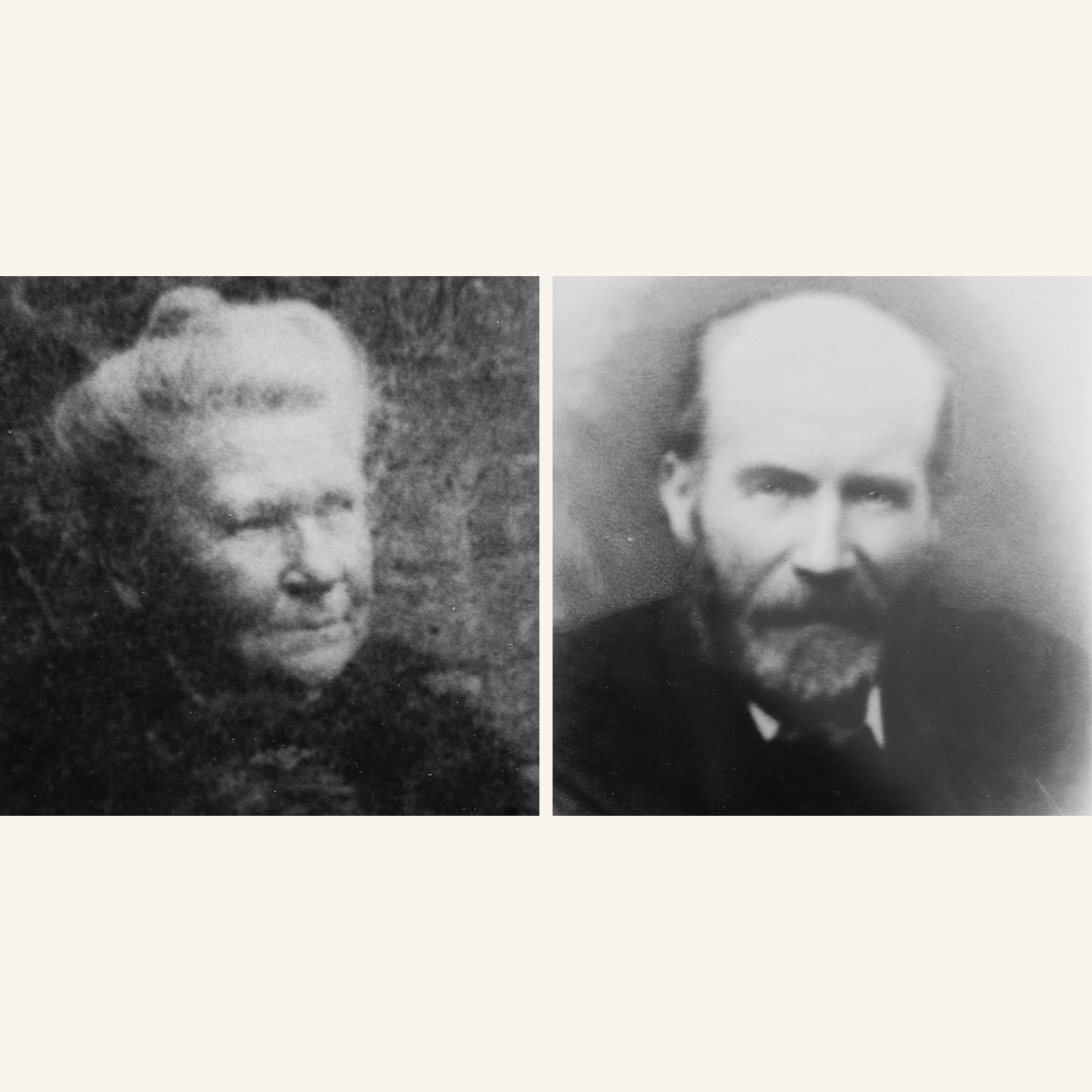 Side-by-side black-and-white portraits of an elderly woman with light hair styled up and an elderly man with a beard and receding hairline, both in formal attire, against plain backgrounds.