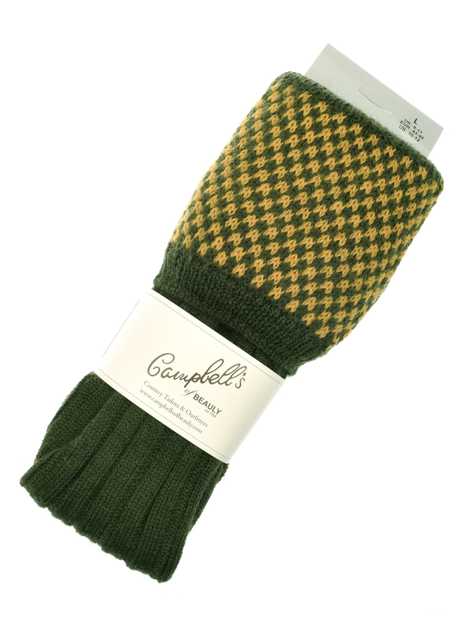 A pair of olive Hopstitch Shooting Socks by Campbells of Beauly, neatly folded with a branded label and visible size tag—ideal for fieldwear or as classic shooting socks.