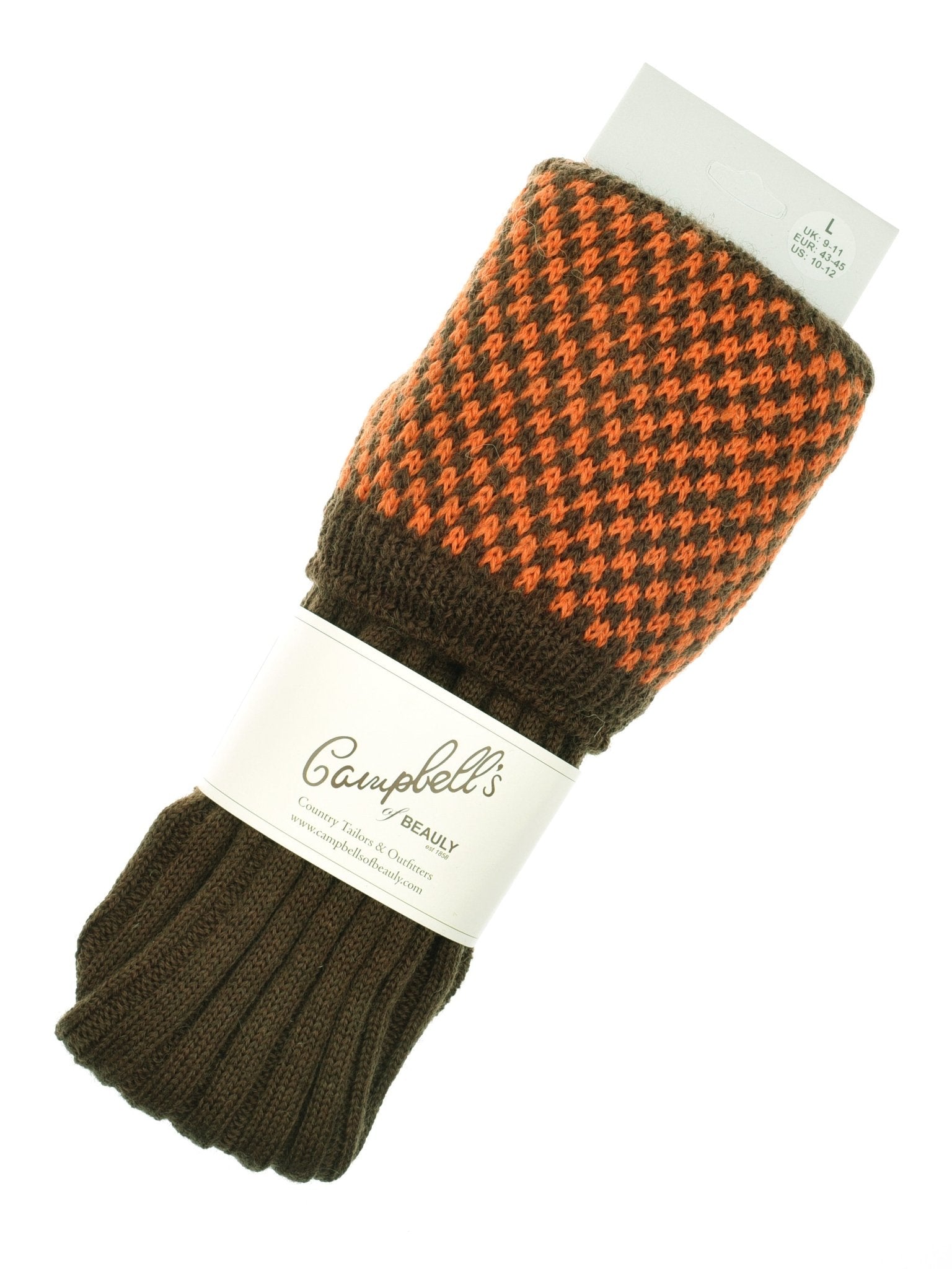 A pair of Campbells of Beauly Hopstitch Shooting Socks in spice with a white label—ideal for stylish fieldwear.