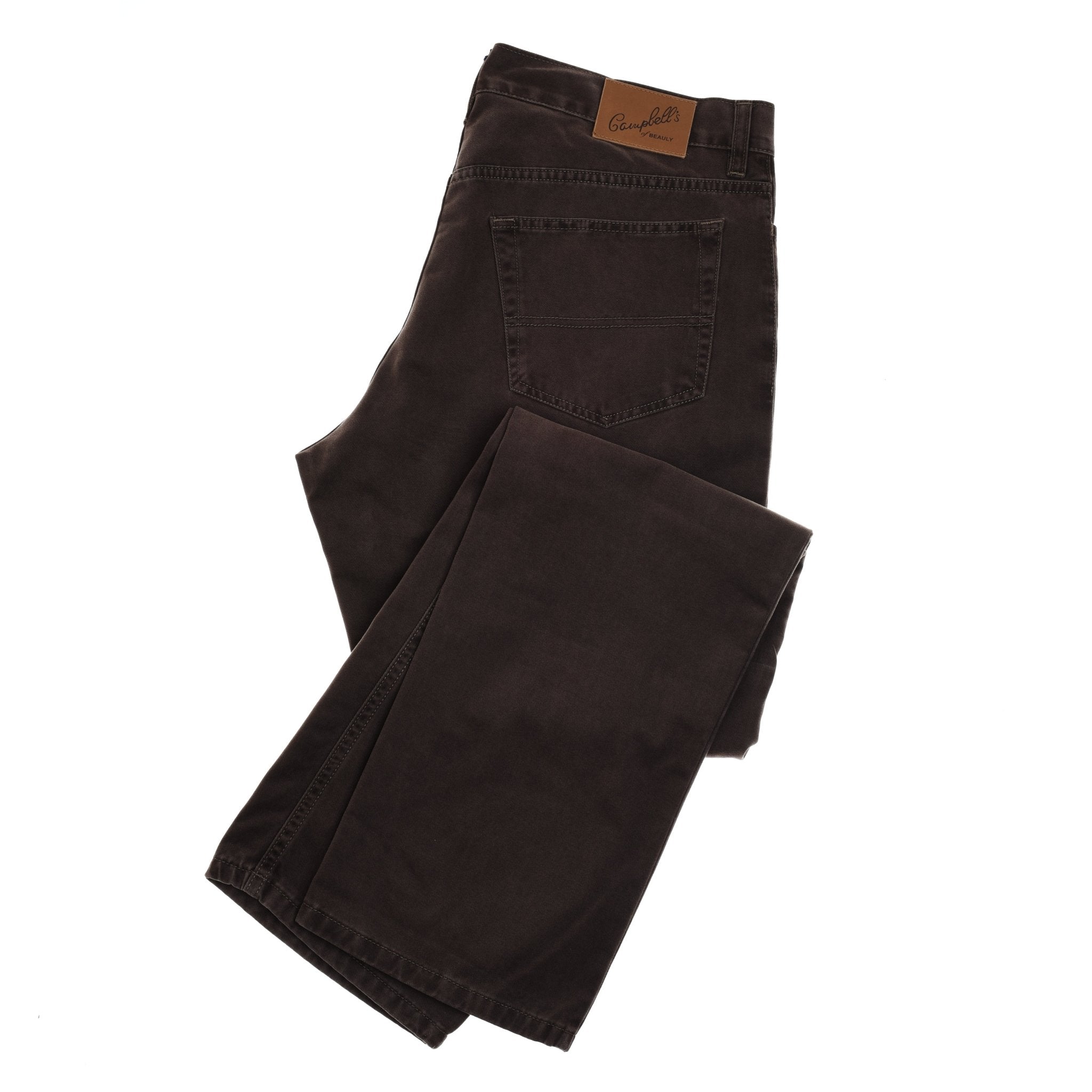 A pair of Campbells of Beauly Neutral Cotton Jeans in mink, straight leg, folded to display the back pocket and a text-embossed leather patch on the waistband.