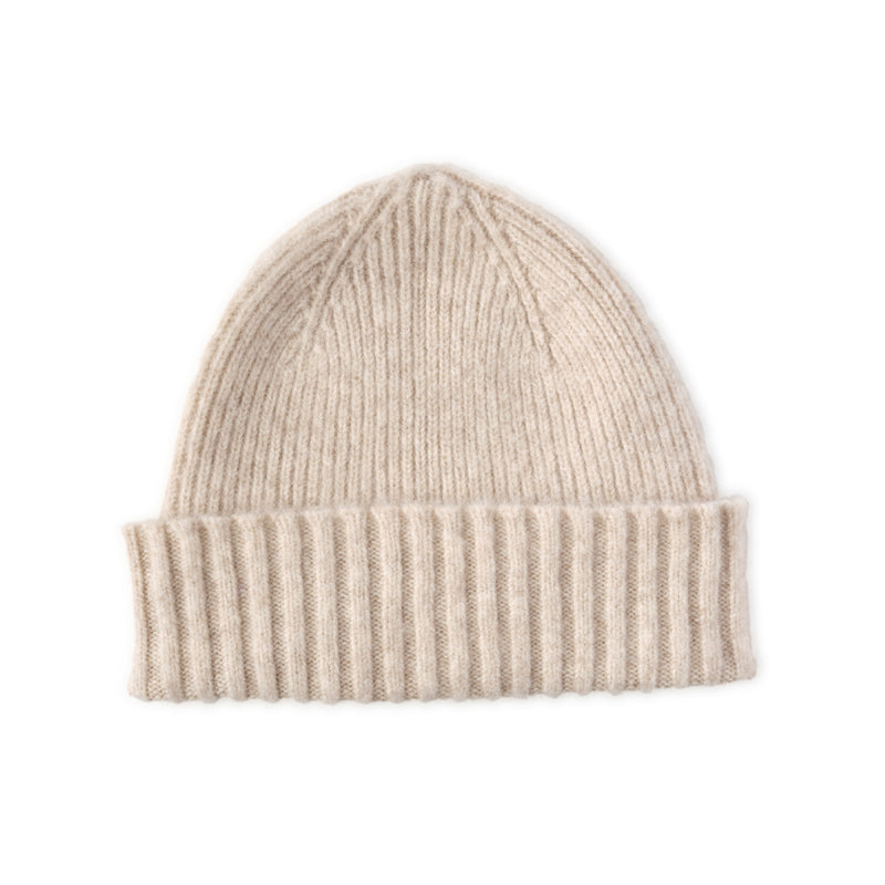 The Lambswool Hat by Campbells of Beauly is a beige ribbed knit beanie with a folded brim, crafted from lambswool for warmth and comfort—ideal for winter and shown flat on a white background.