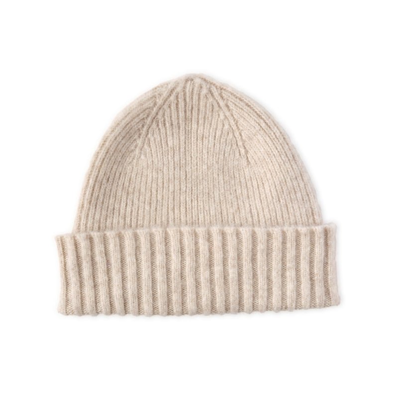 The Campbells of Beauly Lambswool Hat, in beige ribbed knit with a folded brim, is shown on a white background—crafted from soft lambswool for cozy winter comfort.