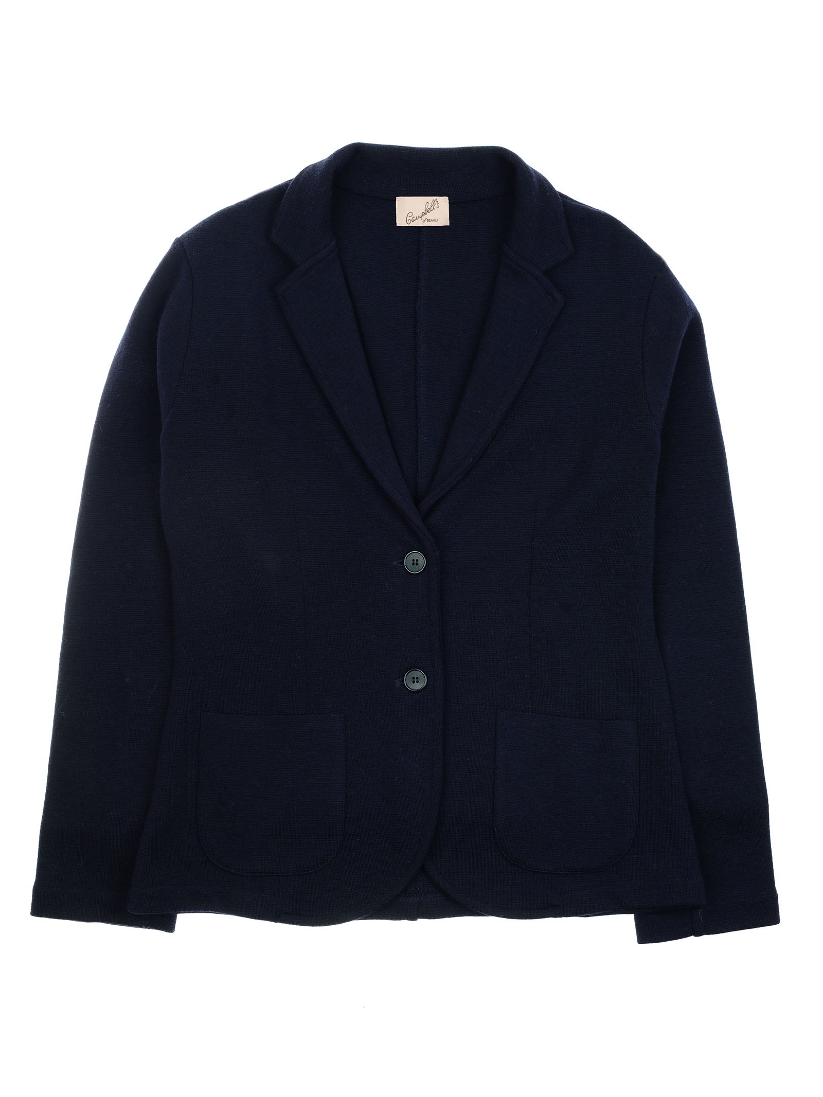 The Campbell's of Beauly Merino Blazer in navy blue features a notched lapel, two front buttons, and two patch pockets, shown laid flat on a white background.