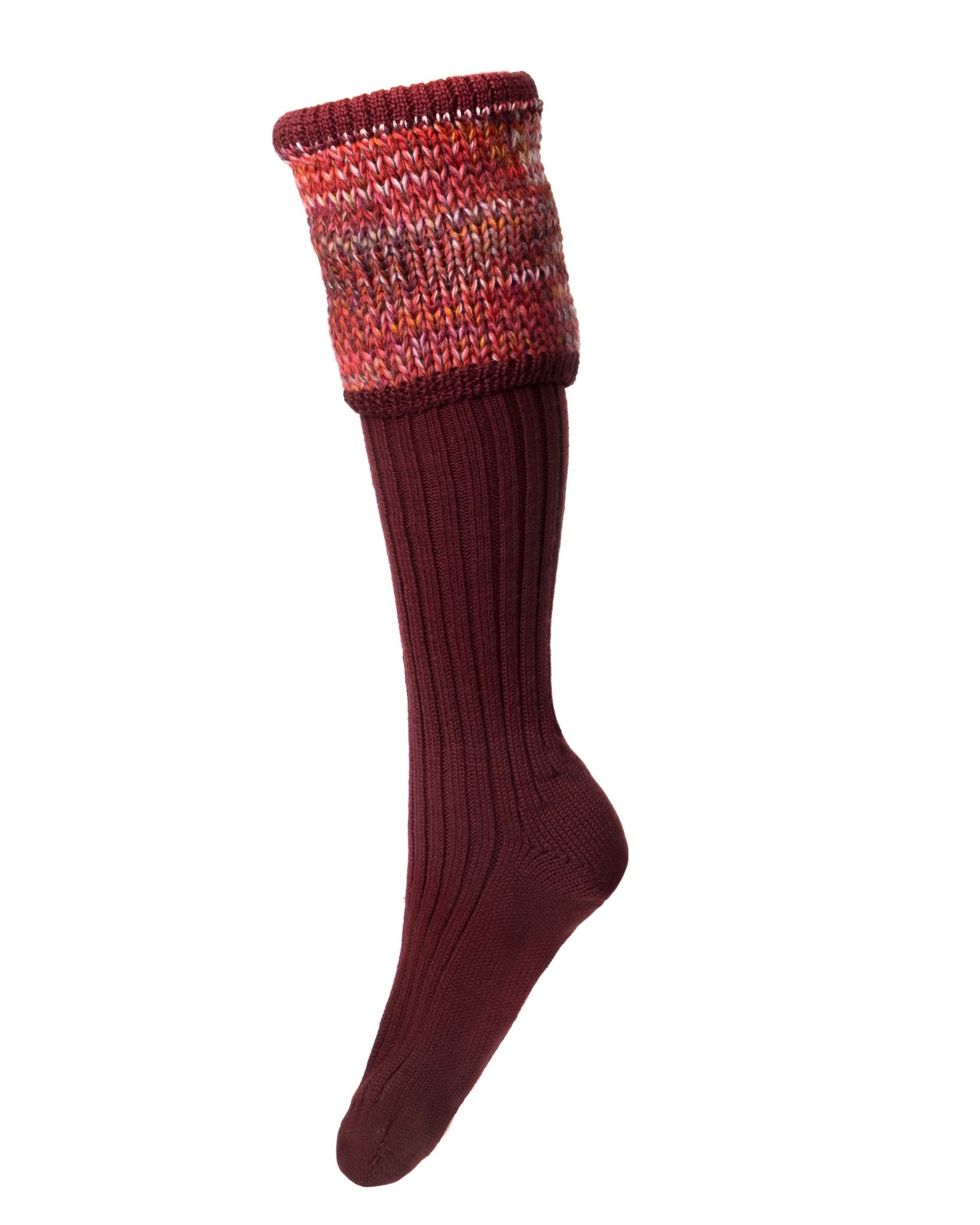 A single knee-high Merino Katrine Shooting Sock by Campbells of Beauly in red, featuring a thick multicolored cuff. Made from soft merino wool and perfect for stylish outdoor wear. Shown on a white background.