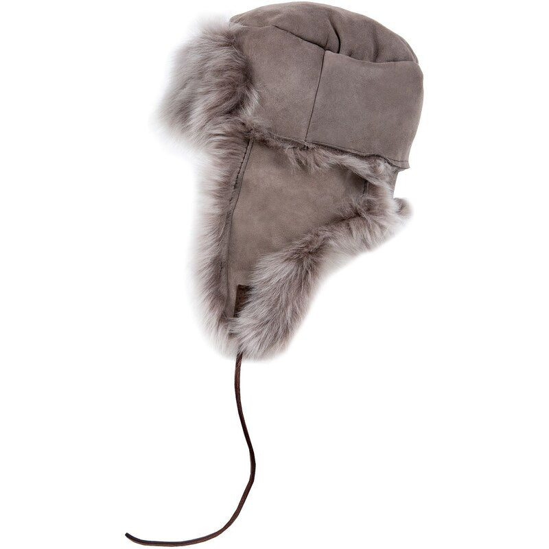 The Campbell's of Beauly Auld Stock Toscana Sheepskin Trapper Hat is a women's gray trapper style with ear flaps, chin strap, suede exterior, and plush light gray faux fur trim for a cozy, stylish look.