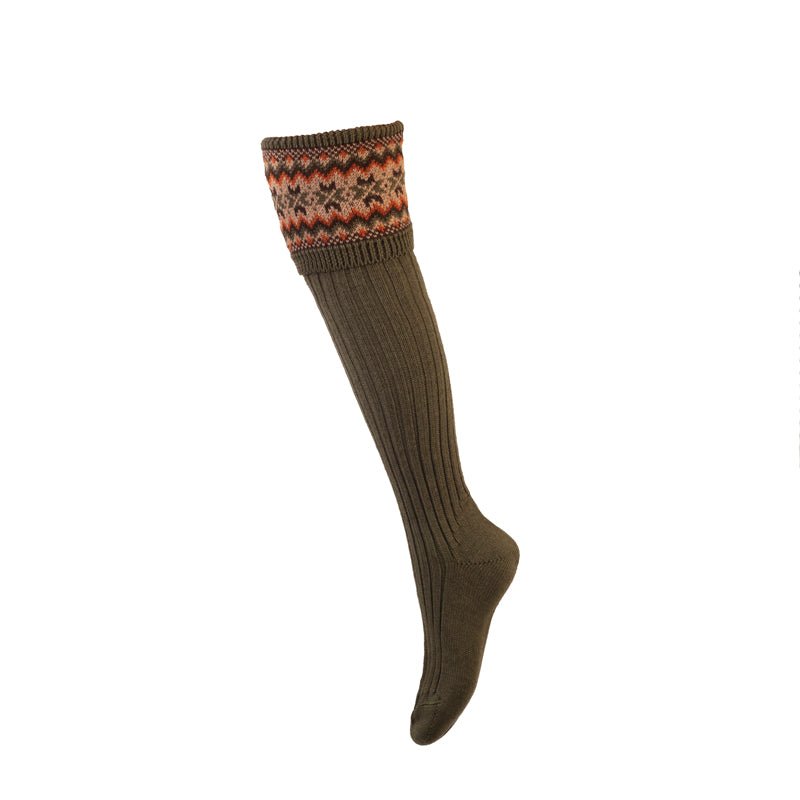 Campbells of Beauly Merino Fairisle Shooting Socks in Dark Olive feature a long, ribbed design with a folded cuff and multicolored geometric pattern, crafted from soft merino wool and shown on a white background.