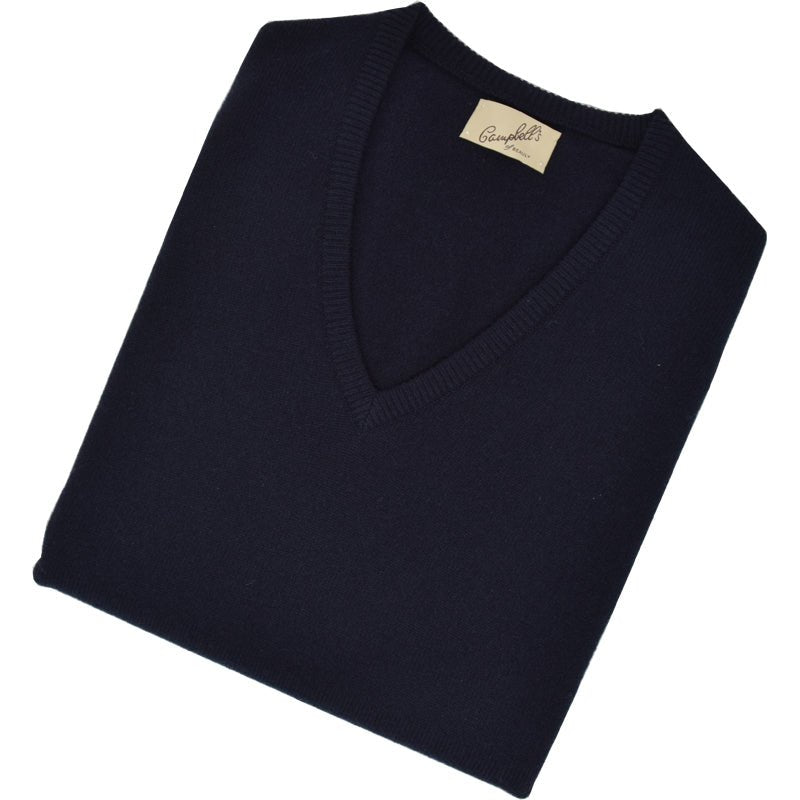Campbells of Beauly Lambswool V-Neck Slipover in navy, classic fit, laid flat on a white background—a timeless piece inspired by the Scottish Borders.
