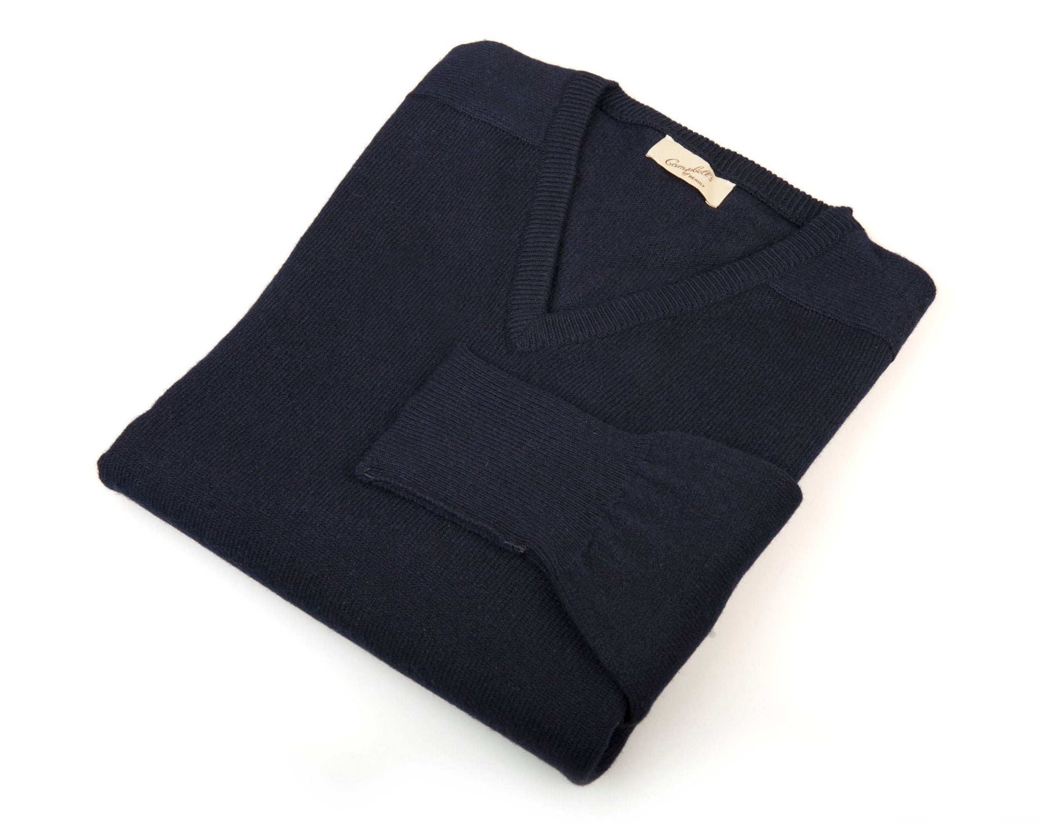 A neatly folded Campbells of Beauly Lambswool V-Neck Jumper in navy, classic fit, with a visible beige tag, displayed on a white background.