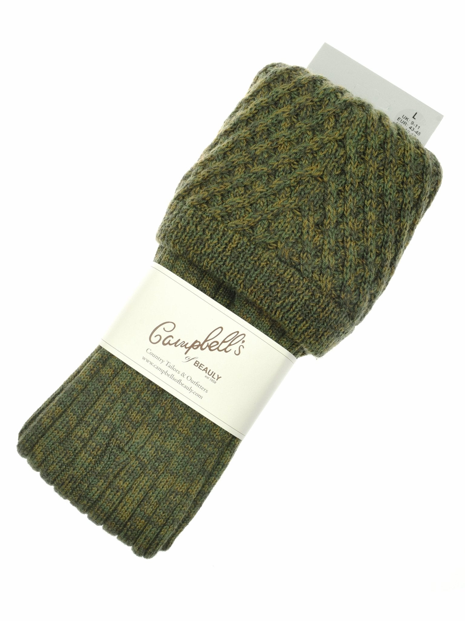 A pair of Campbells of Beauly Lattice Shooting Socks in moss, featuring a textured knit, folded with a branded label and a partially visible white tag at the top.