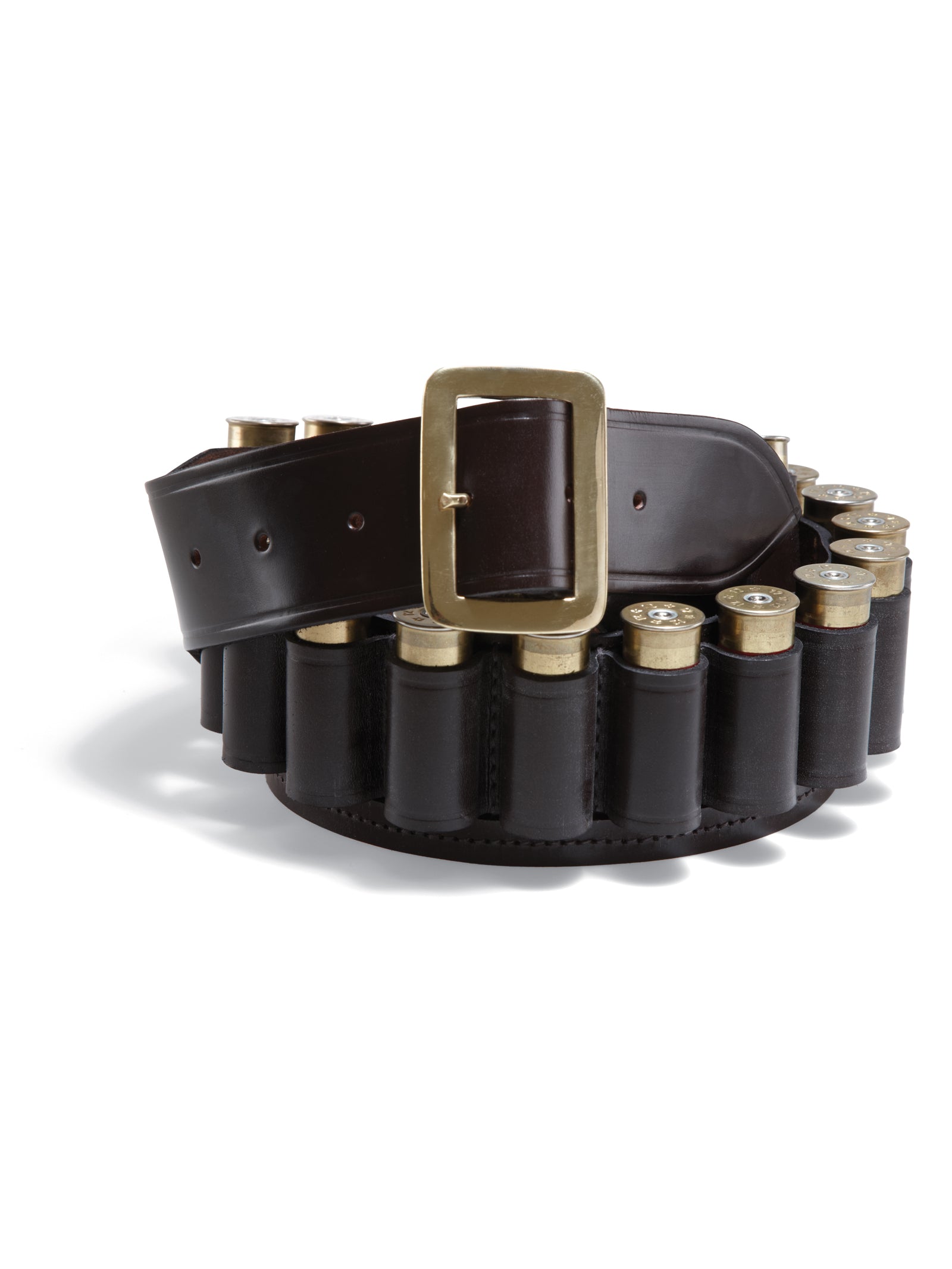 The Campbells of Beauly Cartridge Belt is a dark brown leather belt with a gold rectangular buckle, designed to hold 12 bore cartridges, and displayed here filled with brass-topped shotgun shells along its length.
