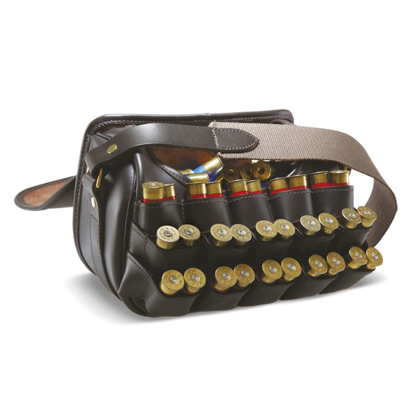 The Campbells of Beauly Leather Loaders Bag is a brown leather bag with multiple pockets for shotgun shells, a beige shoulder strap, and various cartridges—including some with brass-colored ends—displaying fine British craftsmanship.