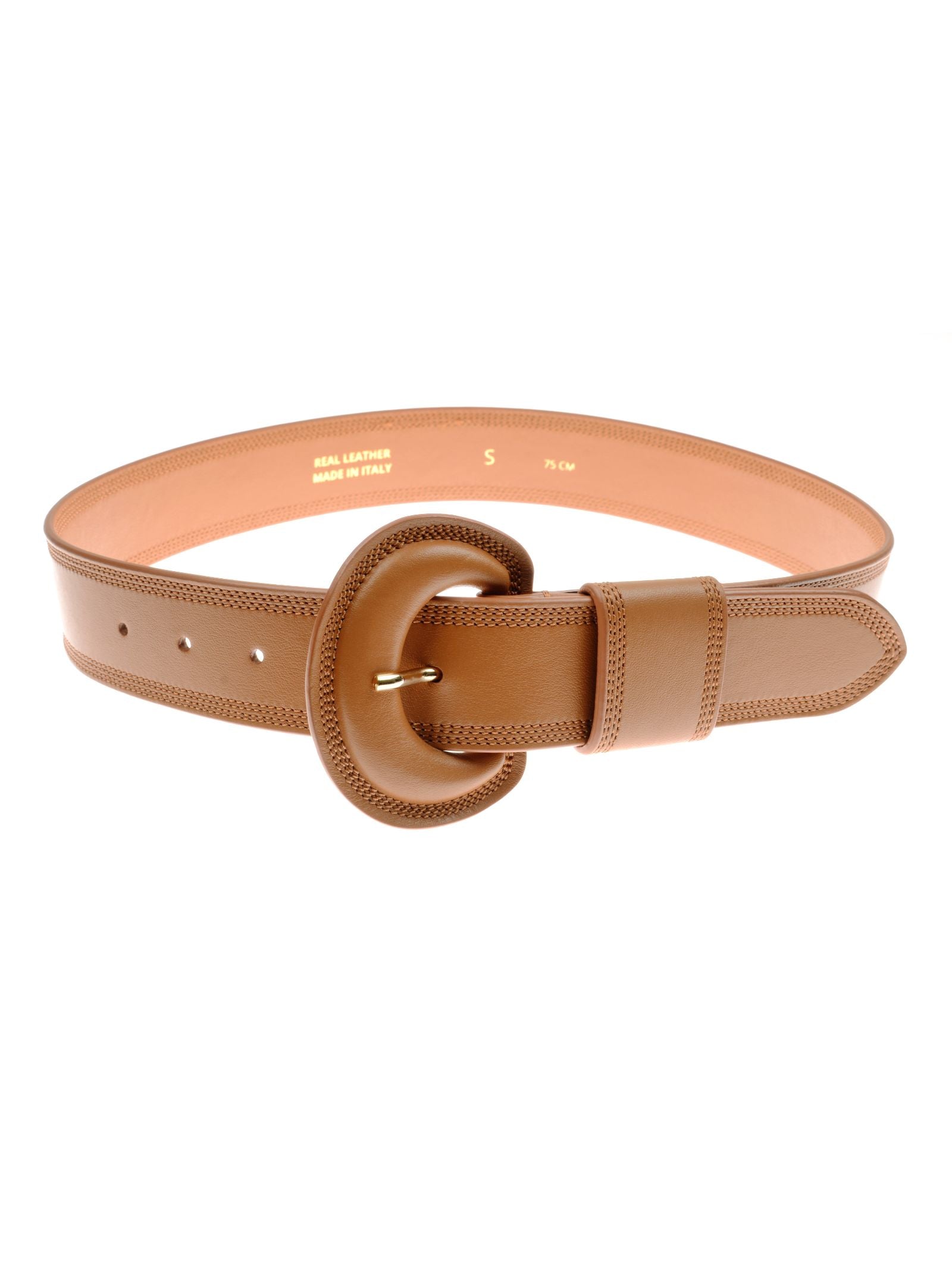 The Campbell's of Beauly Caramel Leather Belt features a caramel tone, rounded buckle, stitched edges, and multiple adjustment holes, displayed in a circular arrangement on a white background.