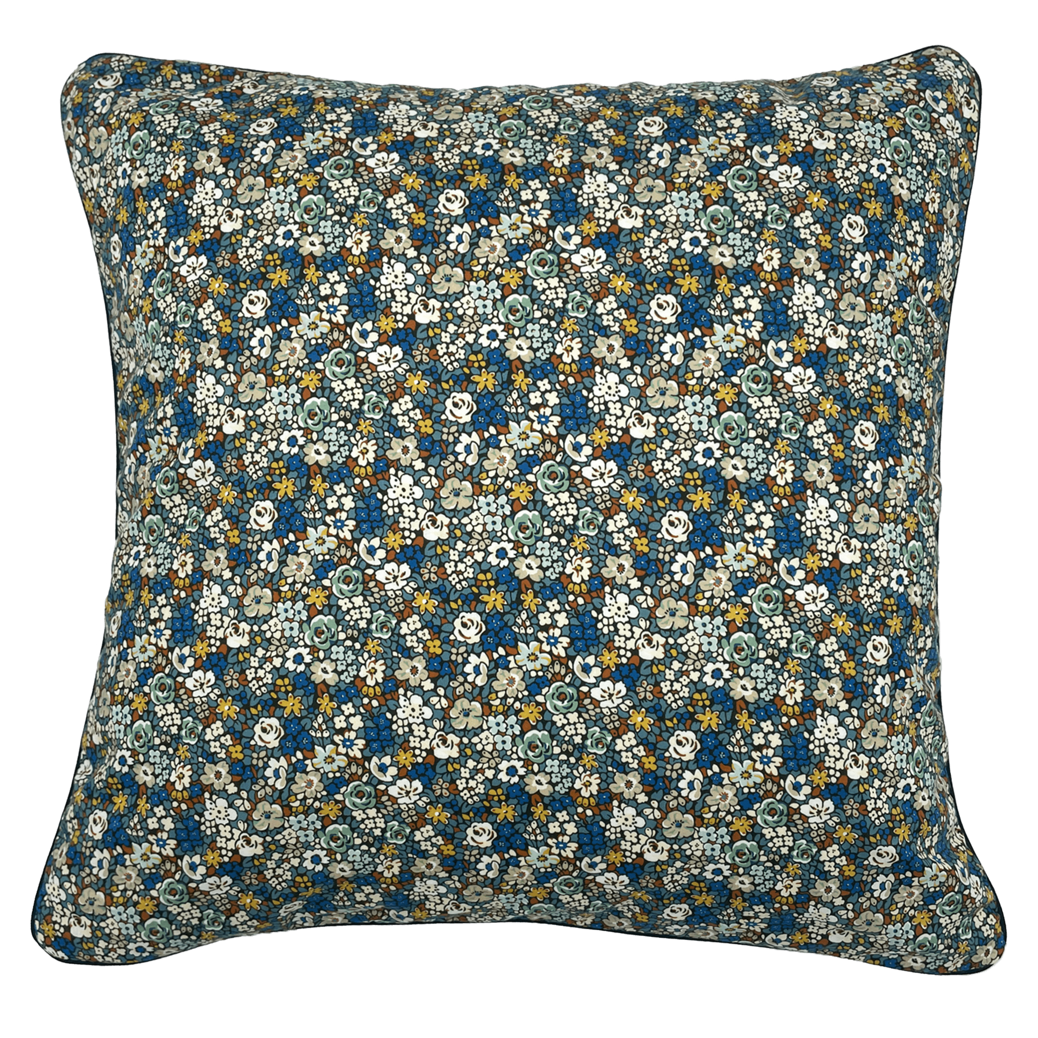 The Liberty Print Cushion Cover by Campbells of Beauly features a floral Liberty Tana Lawn pattern with small white, yellow, and blue flowers and green leaves on a dark background plus black piping—ideal for any cushion collection.