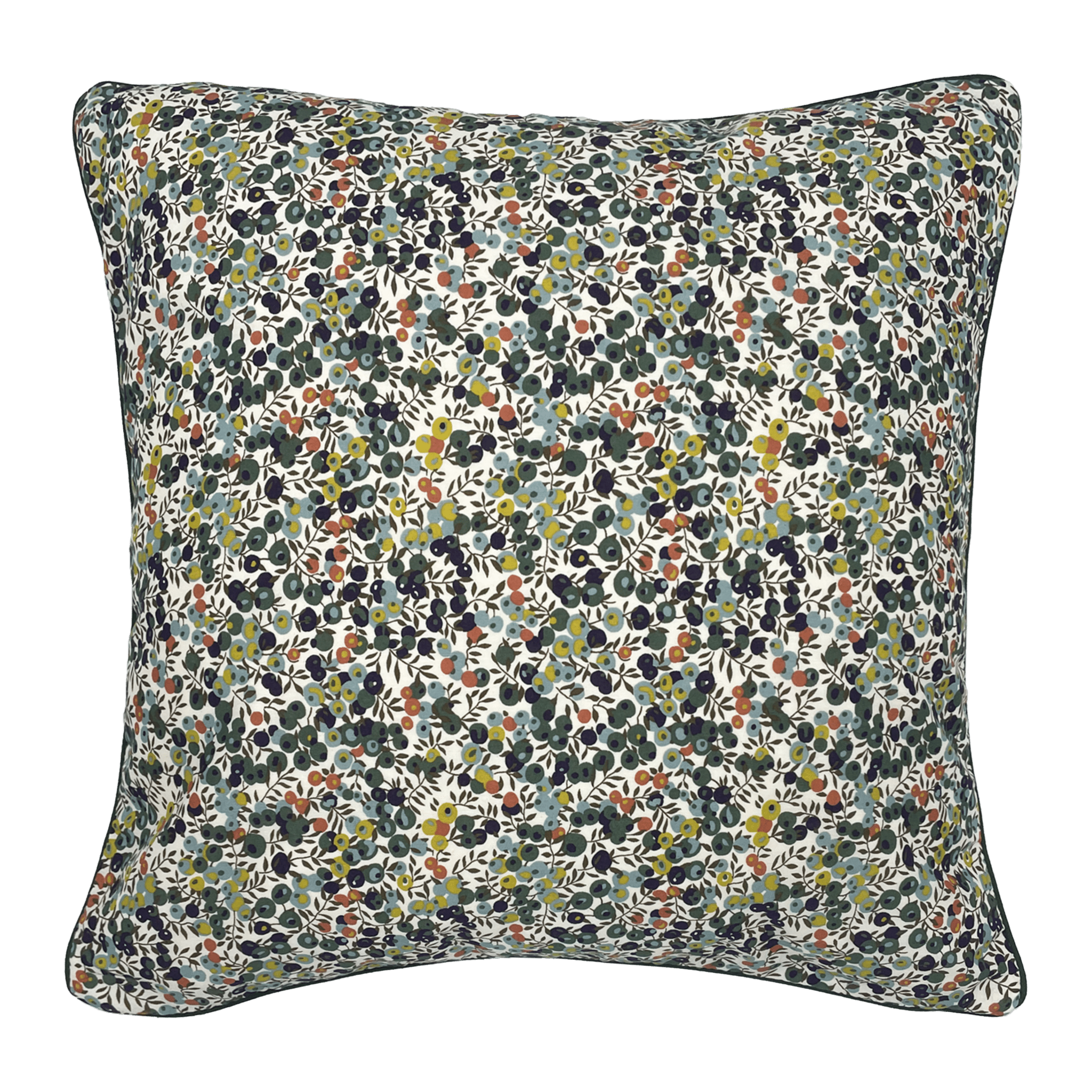 The Liberty Print Cushion Cover by Campbells of Beauly features a square shape with dense, multicolored floral patterns in green, yellow, orange, and black on white, finished with dark piping.