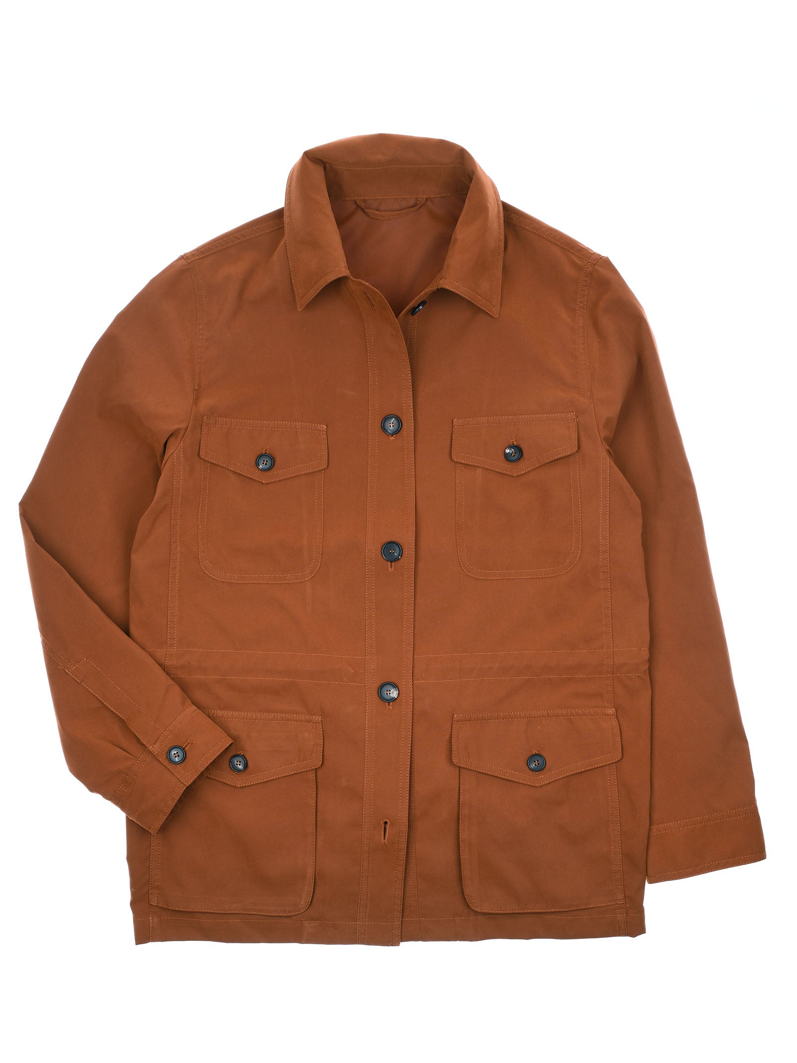 The Lightweight Aigas Field Jacket by Campbell's of Beauly is a rust-colored, long-sleeve, water-repellent Belseta jacket with a collar, button-up front, and four front flap pockets—two on the chest and two at the hem.