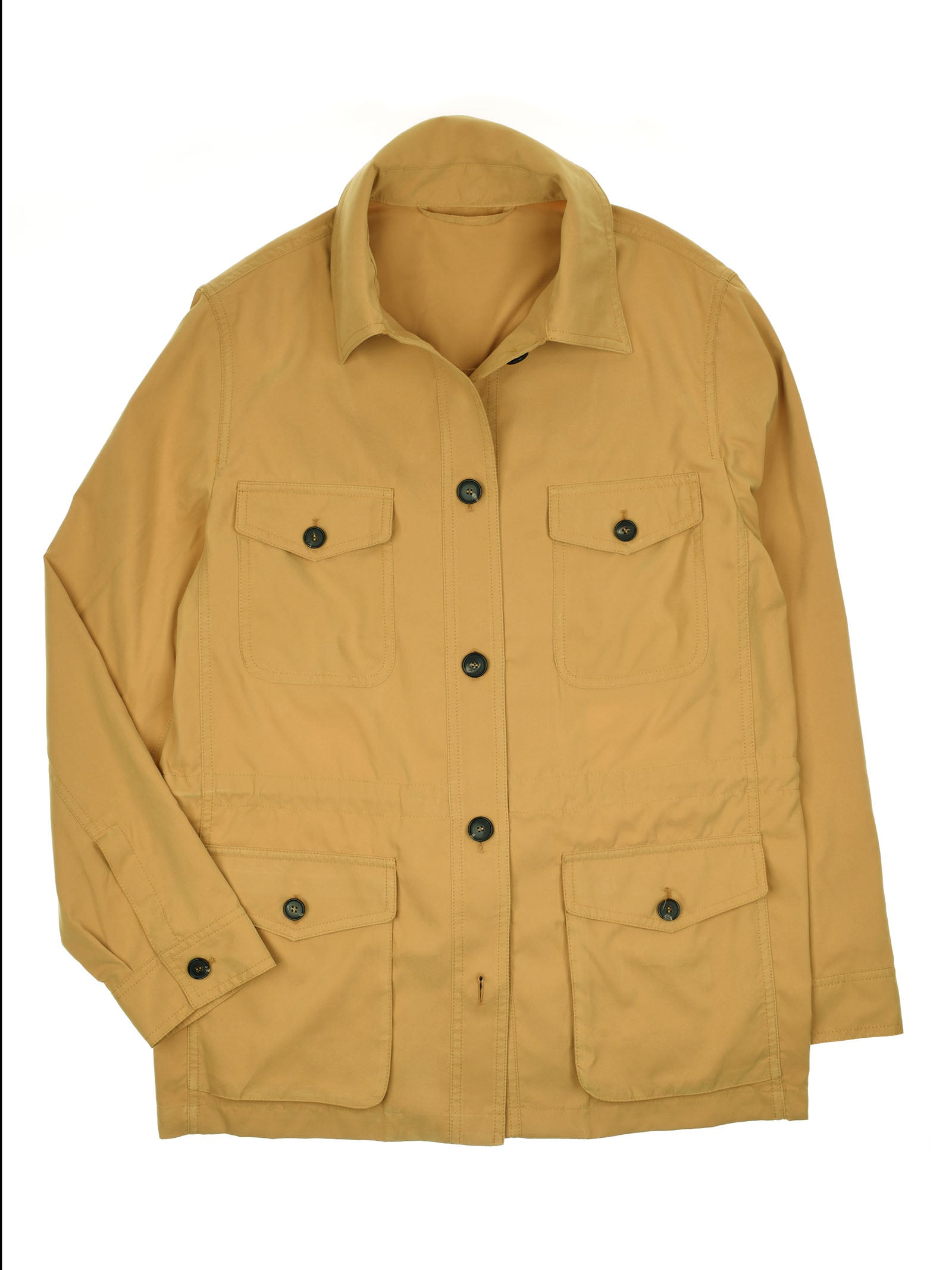 The Lightweight Aigas Field Jacket by Campbell's of Beauly is a tan, long-sleeve jacket in water-repellent Belseta fabric with a collar, four button-flap front pockets, and button closures, shown laid flat on a white background.