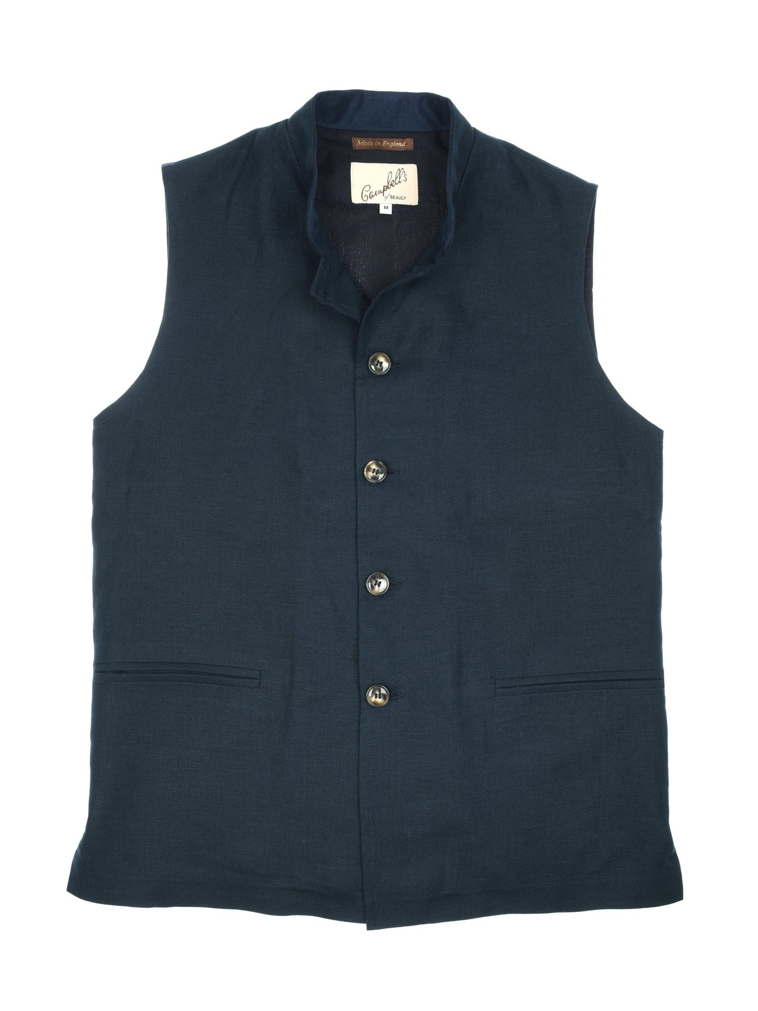 The Campbells of Beauly Linen Nehru Gilet in navy features a sleeveless design, Mandarin collar, four front buttons, and two slit pockets—ideal as an elegant summer layer.