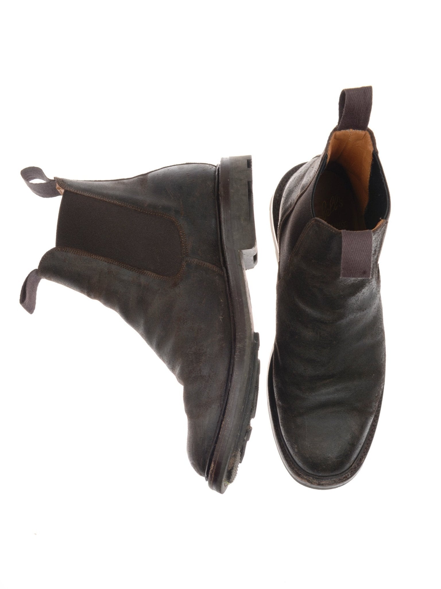 Campbell's of Beauly Lowlander Boots—dark leather Chelsea boots with elastic side panels, pull tabs, and durable Ridgeway soles—one upright and one on its side, shown against a white background.