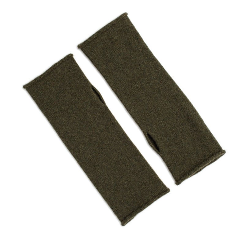 A pair of Campbells of Beauly Cashmere & Merino Fingerless Mittens in olive, featuring thumb holes, shown laid flat on a white background.